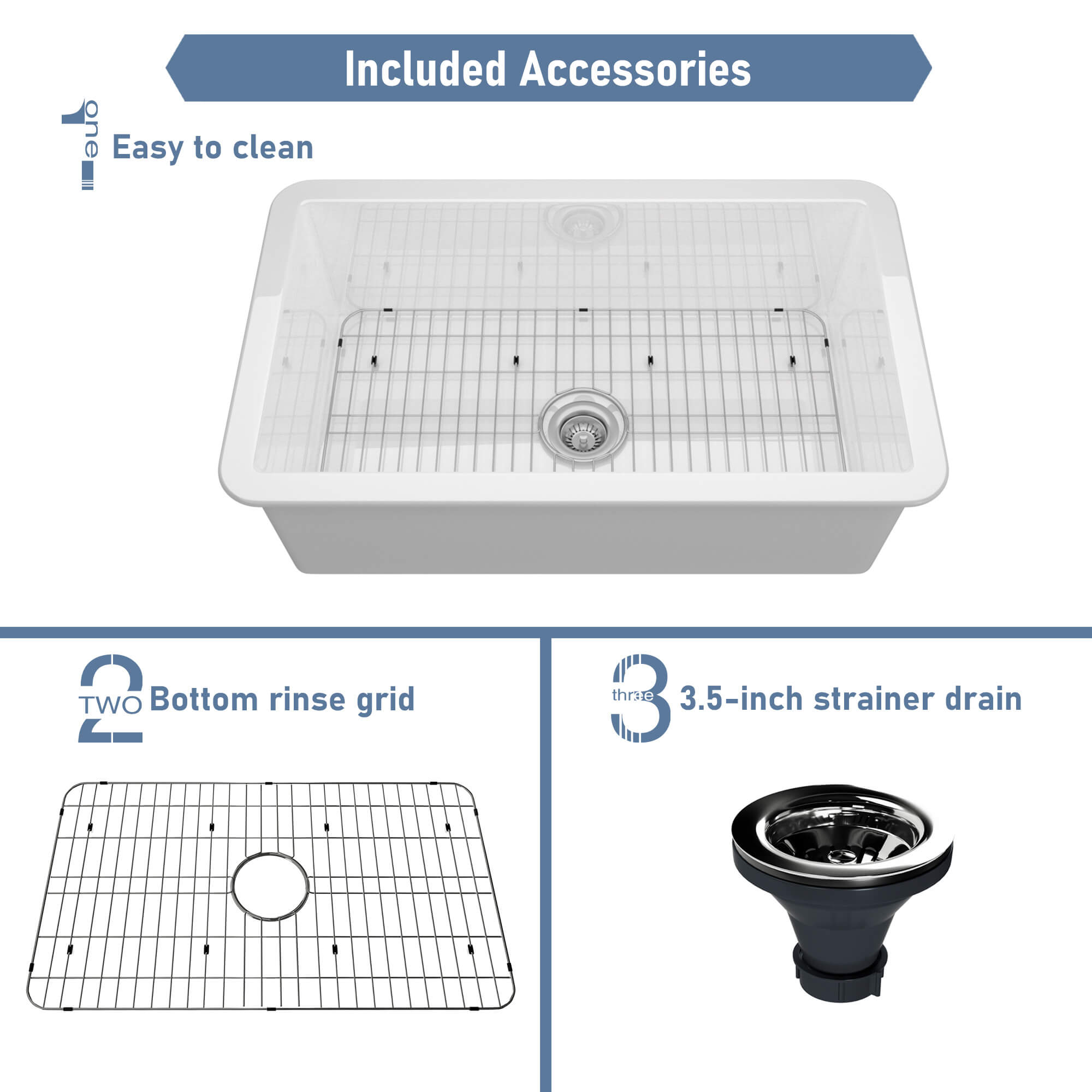 32 in. Undermount Single Bowl Fireclay Kitchen Sink with Grid and Drainer With cUPC Certified, in Glossy White/Matte Black/Matte Gray
