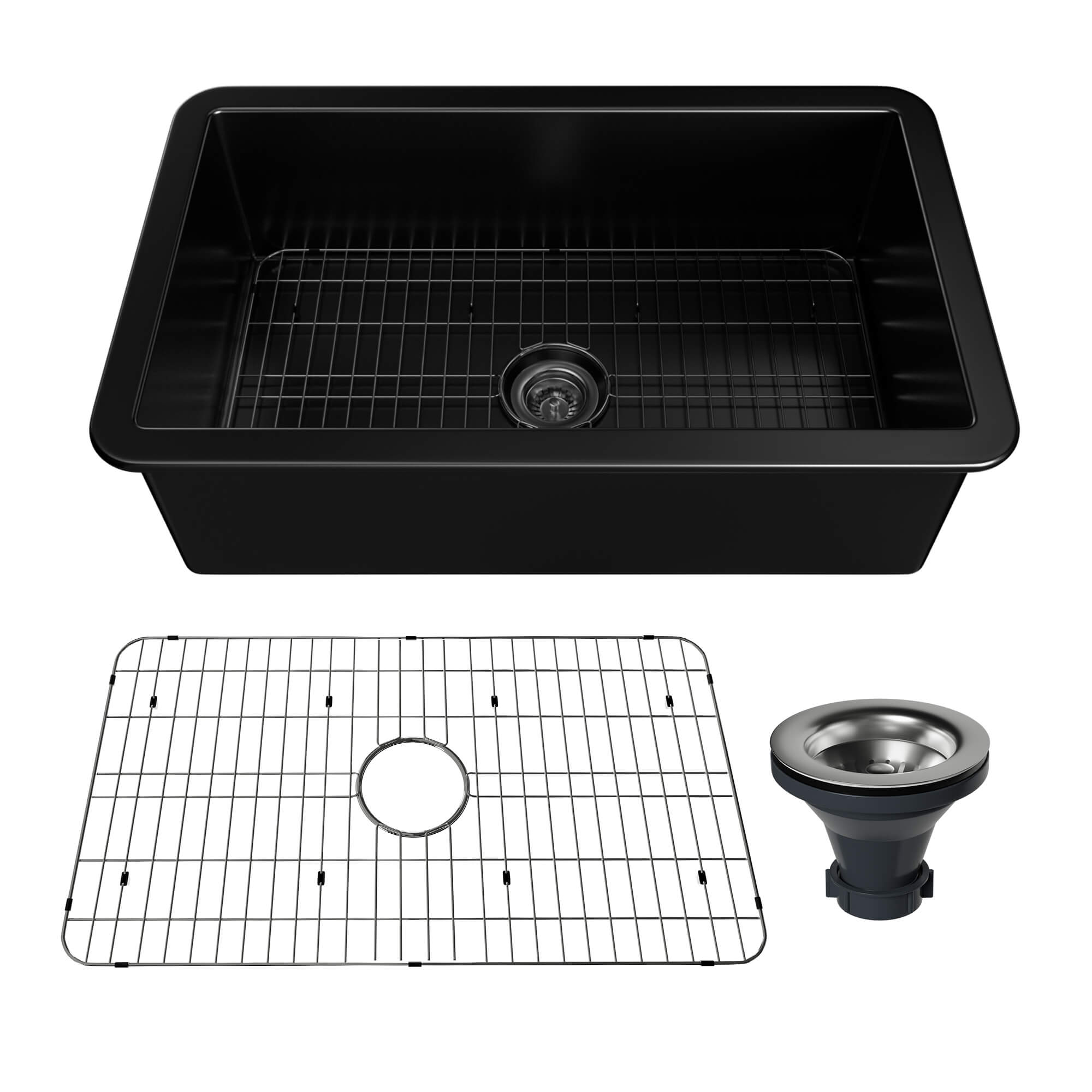 32 in. Undermount Single Bowl Fireclay Kitchen Sink with Grid and Drainer With cUPC Certified, in Glossy White/Matte Black/Matte Gray