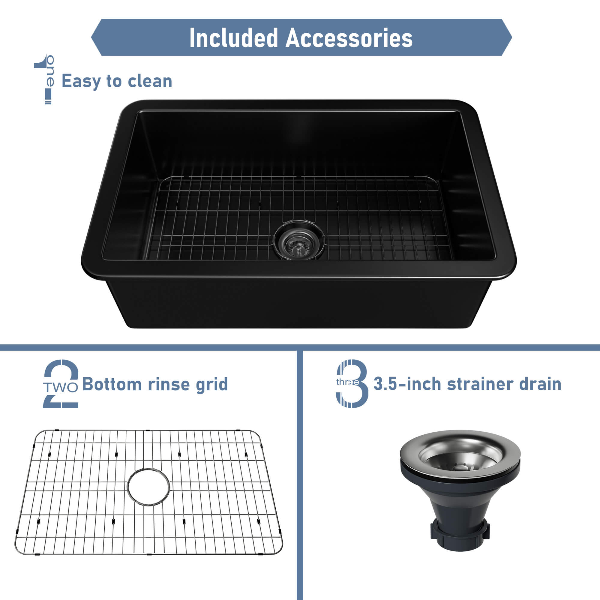 32 in. Undermount Single Bowl Fireclay Kitchen Sink with Grid and Drainer With cUPC Certified, in Glossy White/Matte Black/Matte Gray