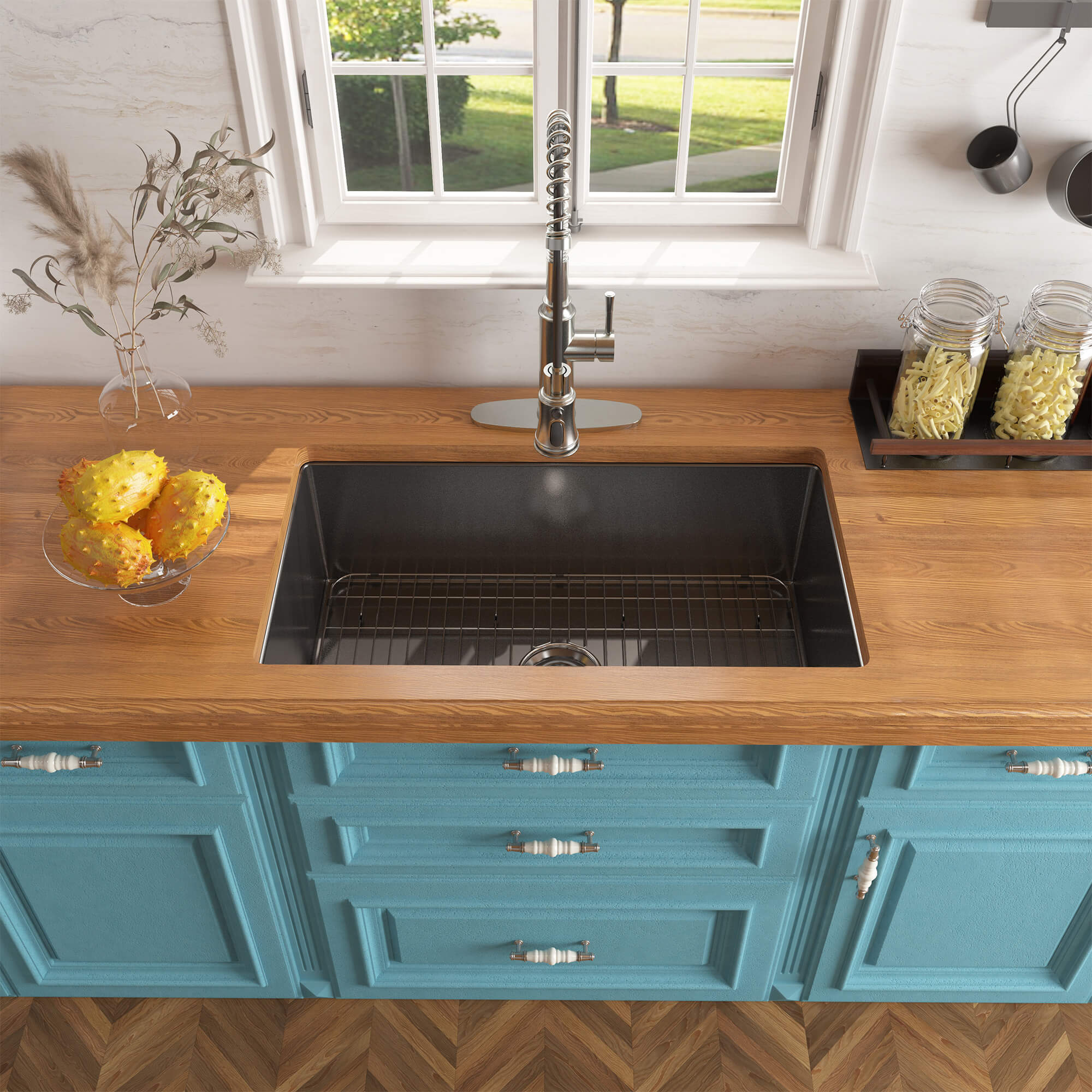 32 in. Undermount Single Bowl Fireclay Kitchen Sink with Grid and Drainer With cUPC Certified, in Glossy White/Matte Black/Matte Gray