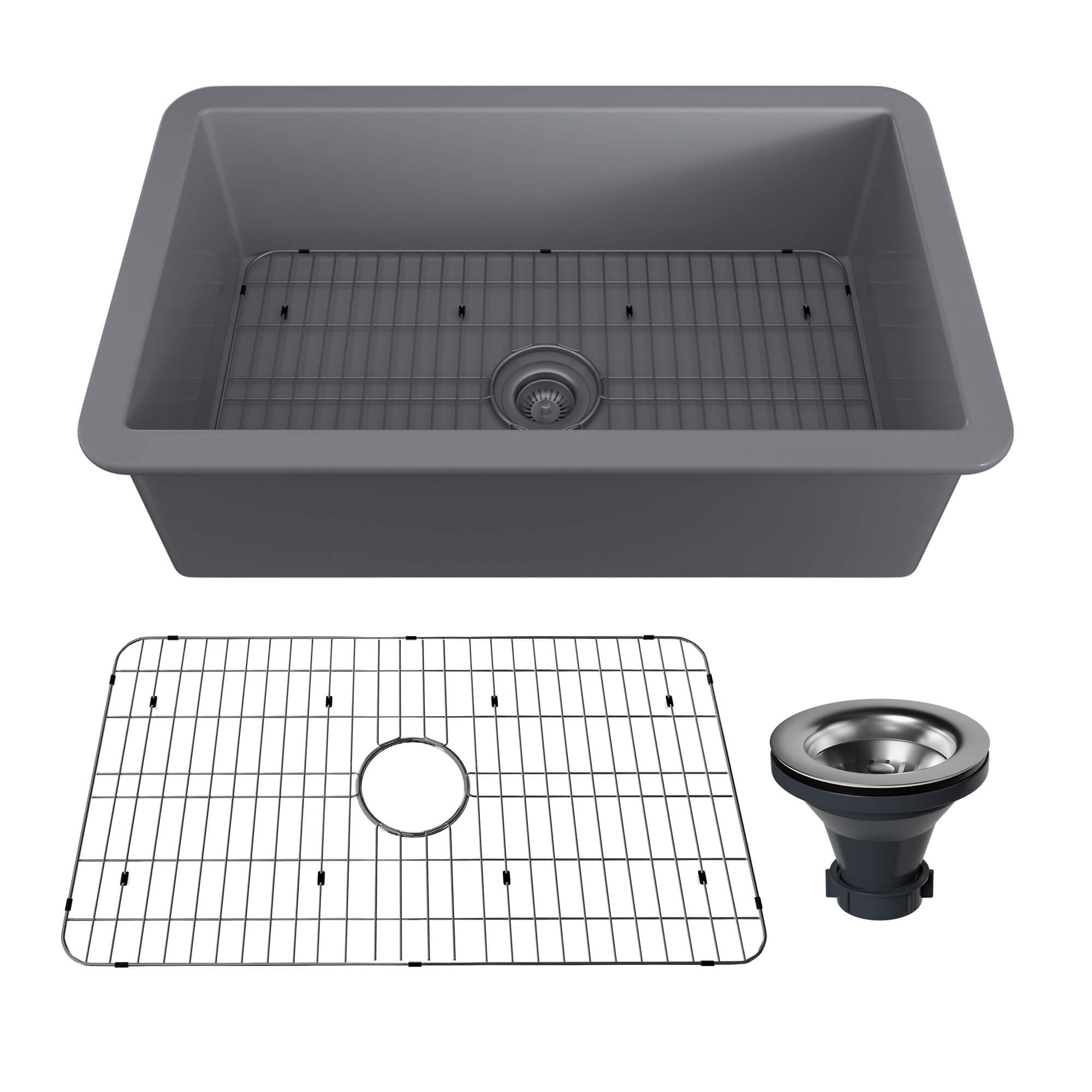 32 in. Undermount Single Bowl Fireclay Kitchen Sink with Grid and Drainer With cUPC Certified, in Glossy White/Matte Black/Matte Gray