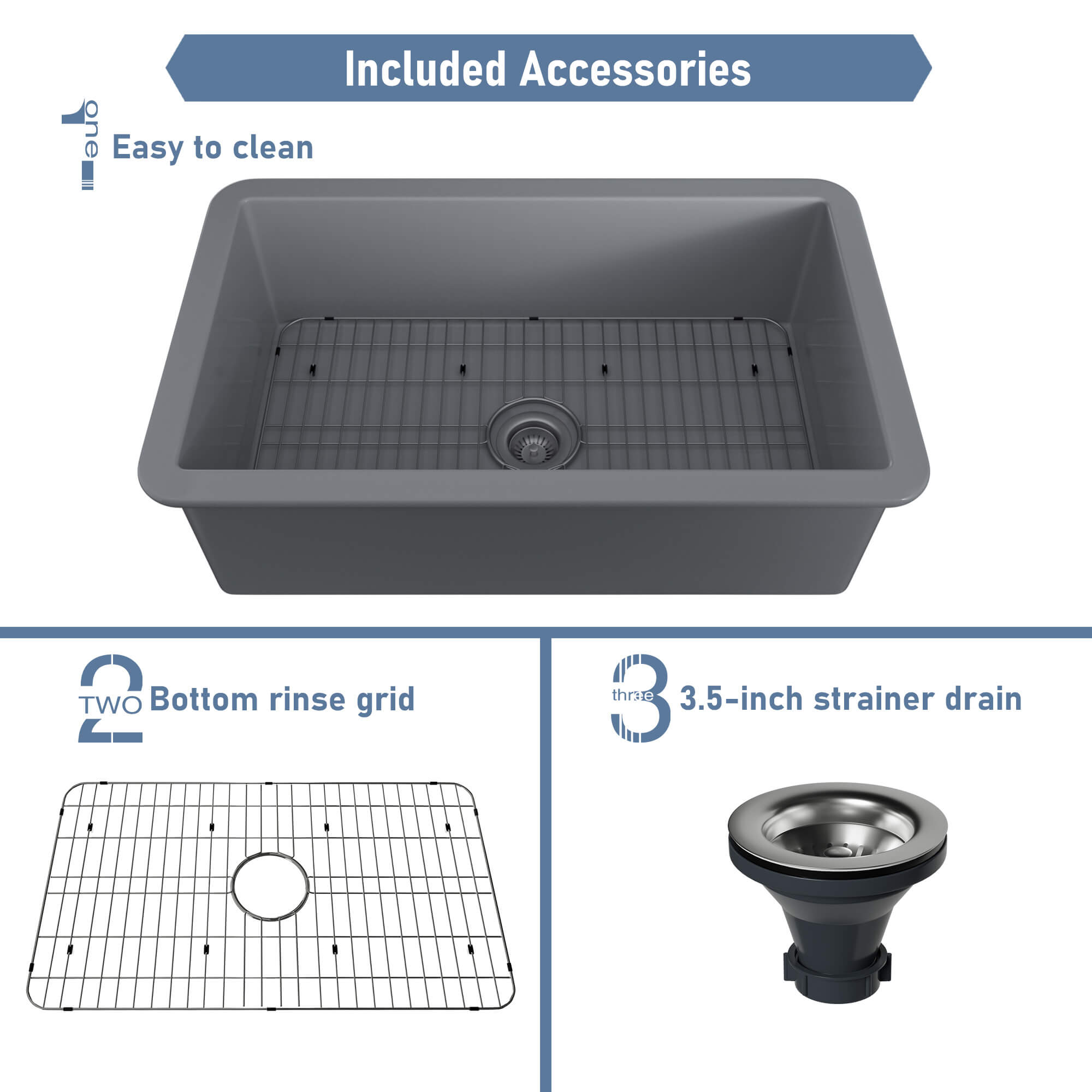 32 in. Undermount Single Bowl Fireclay Kitchen Sink with Grid and Drainer With cUPC Certified, in Glossy White/Matte Black/Matte Gray