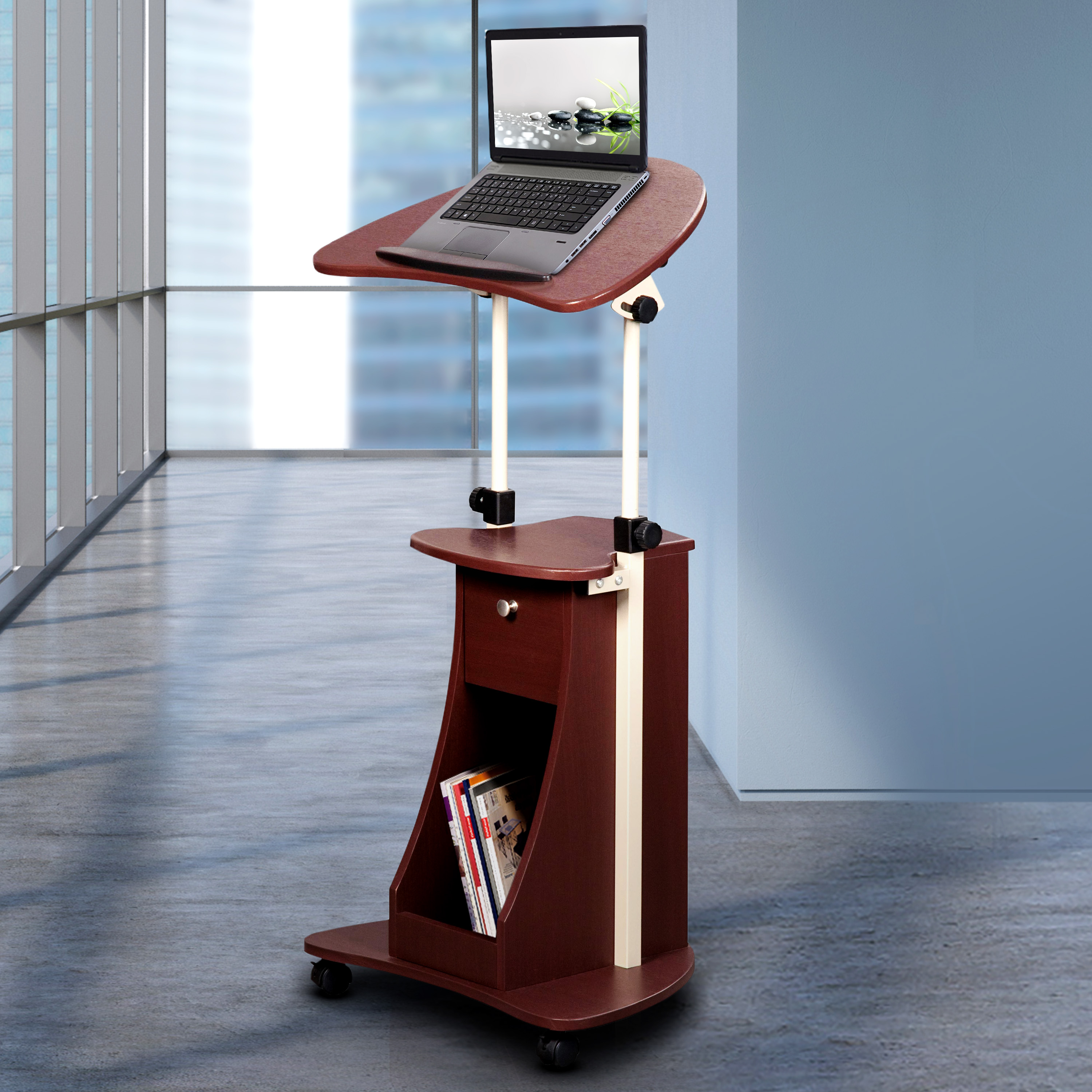 Techni Mobili Sit-to-Stand Rolling Adjustable Laptop Cart With Storage, Chocolate-CASAINC
