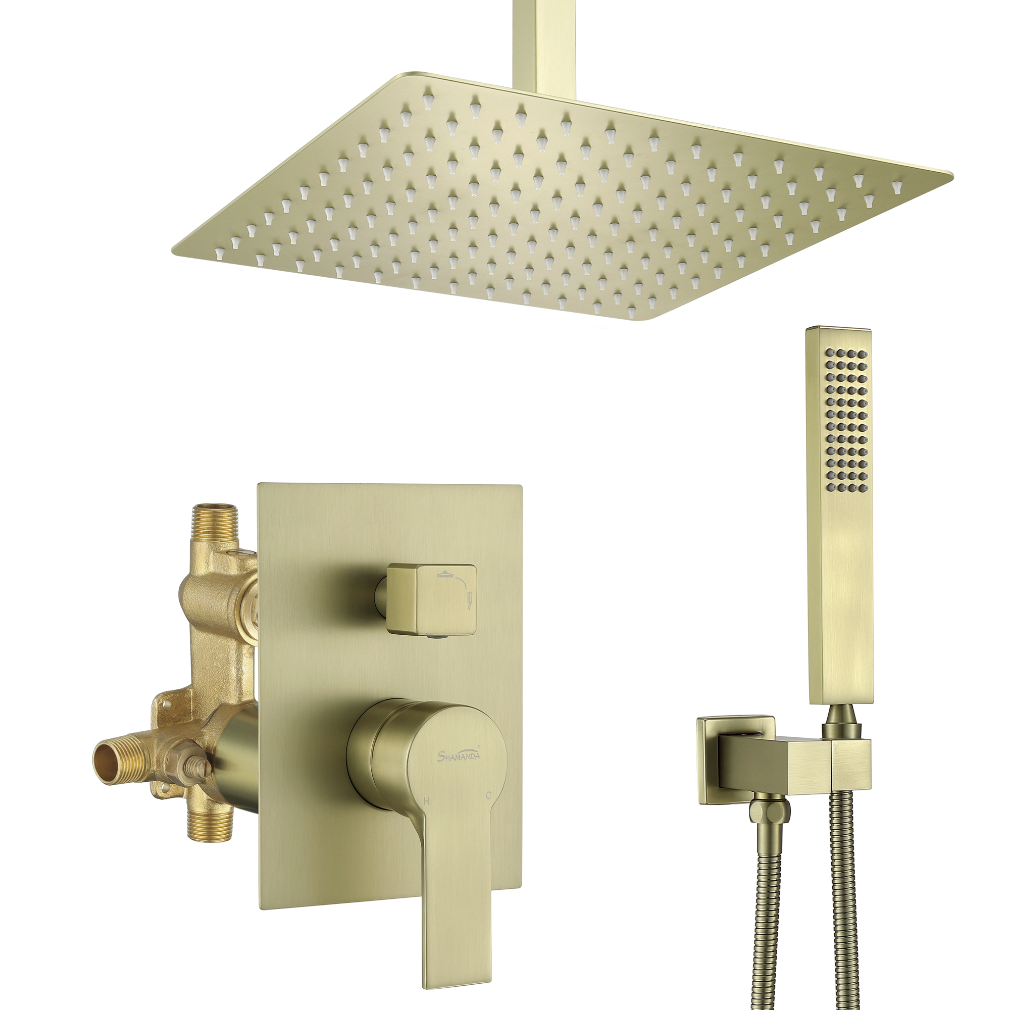 Casainc 2.38 GPM 12-in Ceiling Mounted Shower System with Rough-In Valve Body and Trim (Brushed Gold)-CASAINC