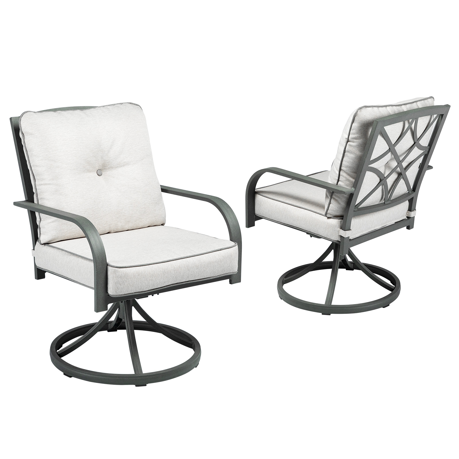 Outdoor cast aluminum patio swivel chair with cushion - Set of 2 (black frame  beige cushion)