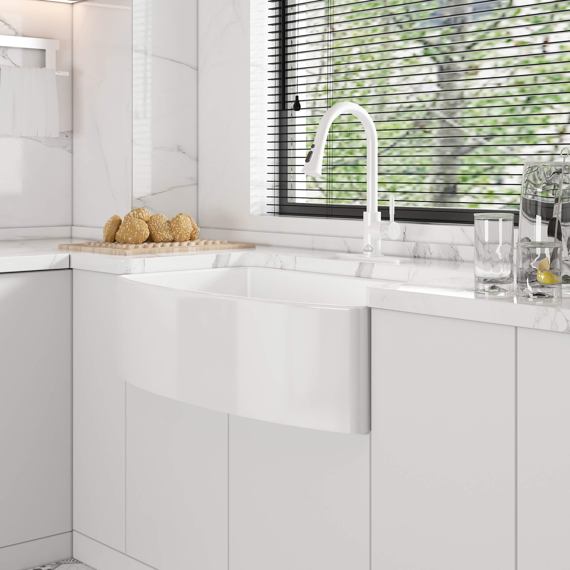 33 in. Curved Single Bowl Fireclay Farmhouse Apron Kitchen Sink with Grid and Drainer, cUPC Certified, in Glossy White/Matte Black/Matte Gray