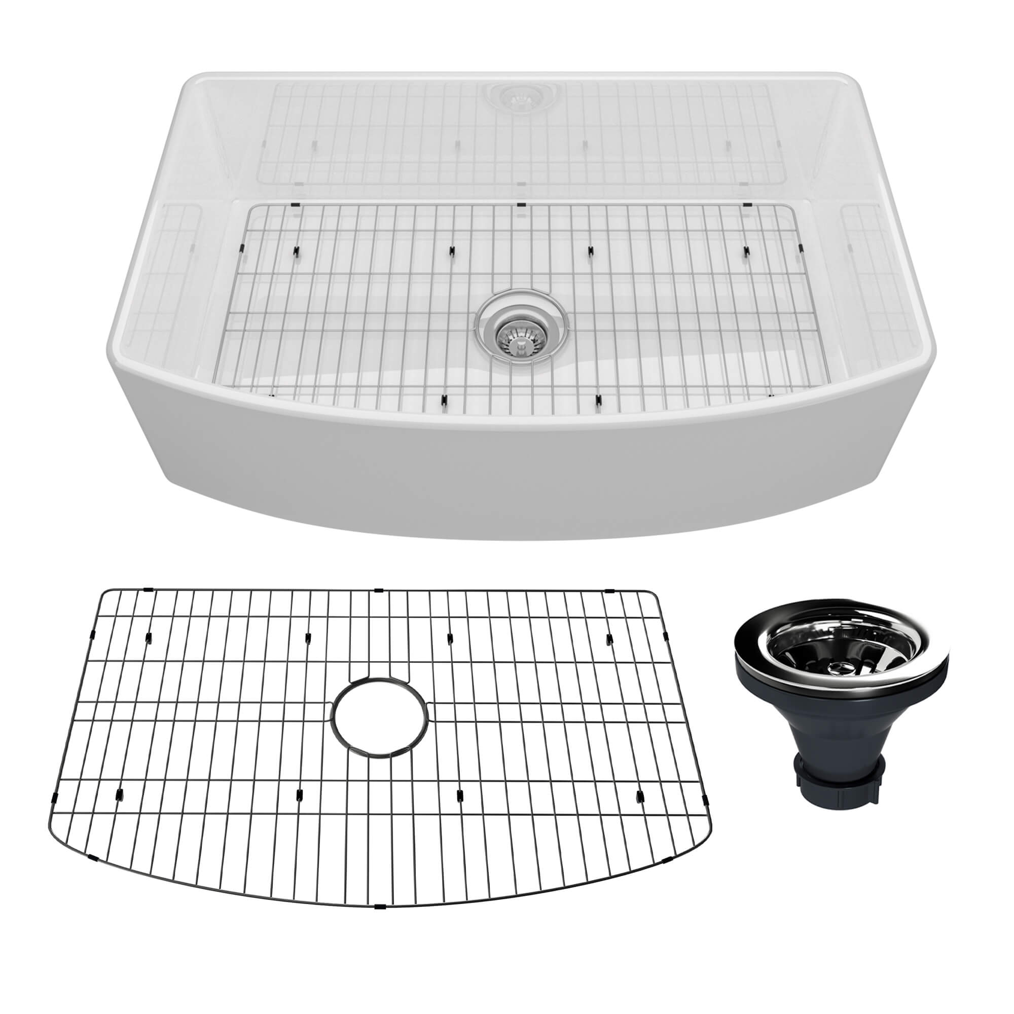 33 in. Curved Single Bowl Fireclay Farmhouse Apron Kitchen Sink with Grid and Drainer, cUPC Certified, in Glossy White/Matte Black/Matte Gray
