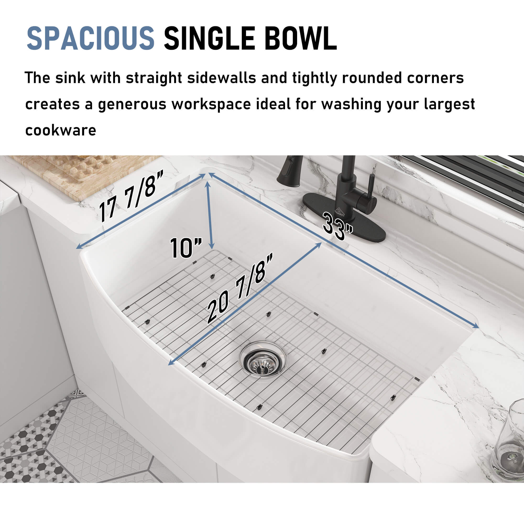 33 in. Curved Single Bowl Fireclay Farmhouse Apron Kitchen Sink with Grid and Drainer, cUPC Certified, in Glossy White/Matte Black/Matte Gray