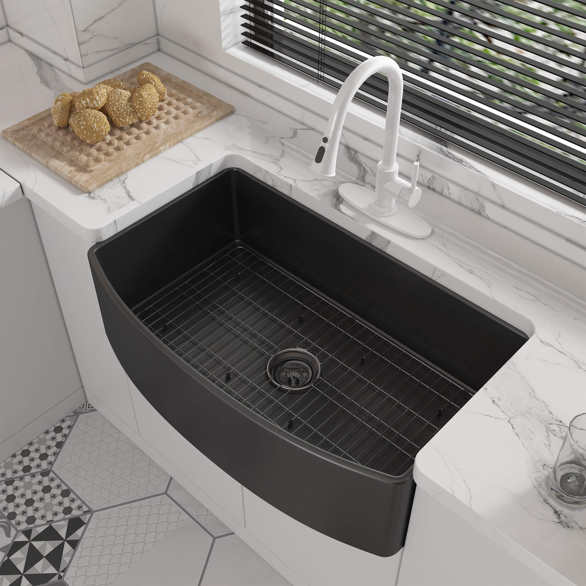 33 in. Curved Single Bowl Fireclay Farmhouse Apron Kitchen Sink with Grid and Drainer, cUPC Certified, in Glossy White/Matte Black/Matte Gray