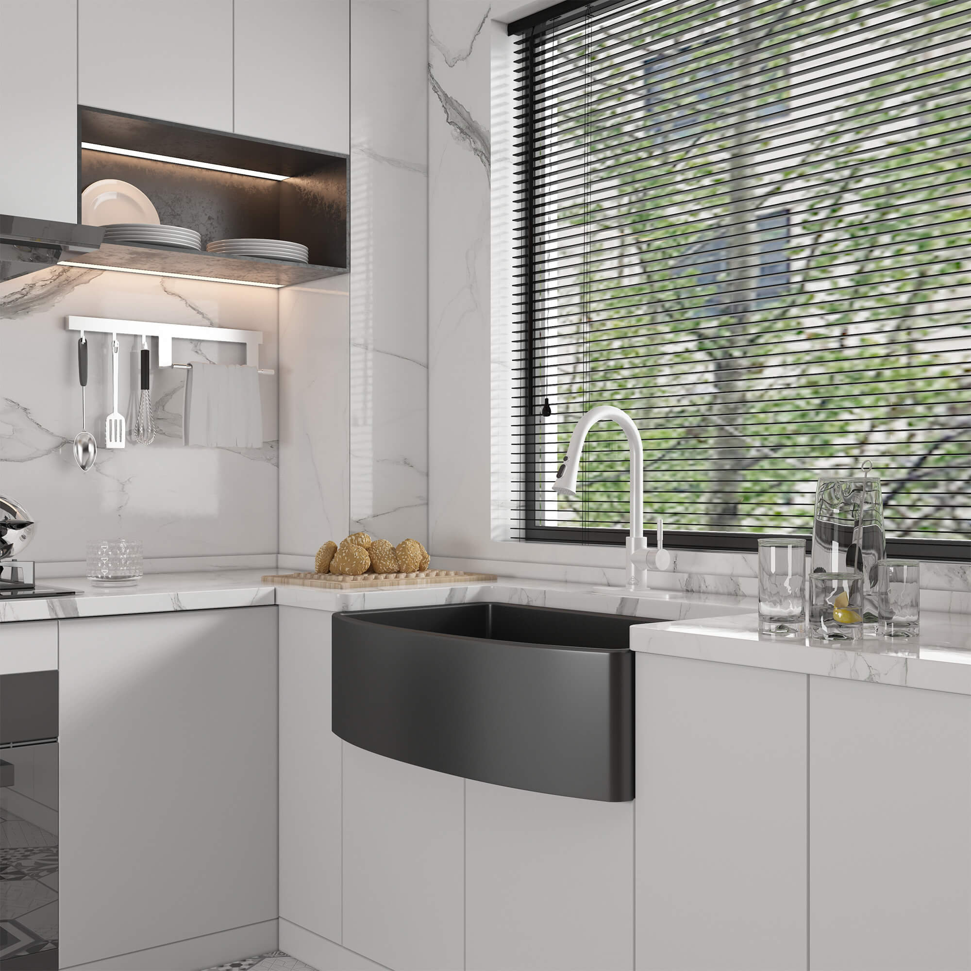 33 in. Curved Single Bowl Fireclay Farmhouse Apron Kitchen Sink with Grid and Drainer, cUPC Certified, in Glossy White/Matte Black/Matte Gray