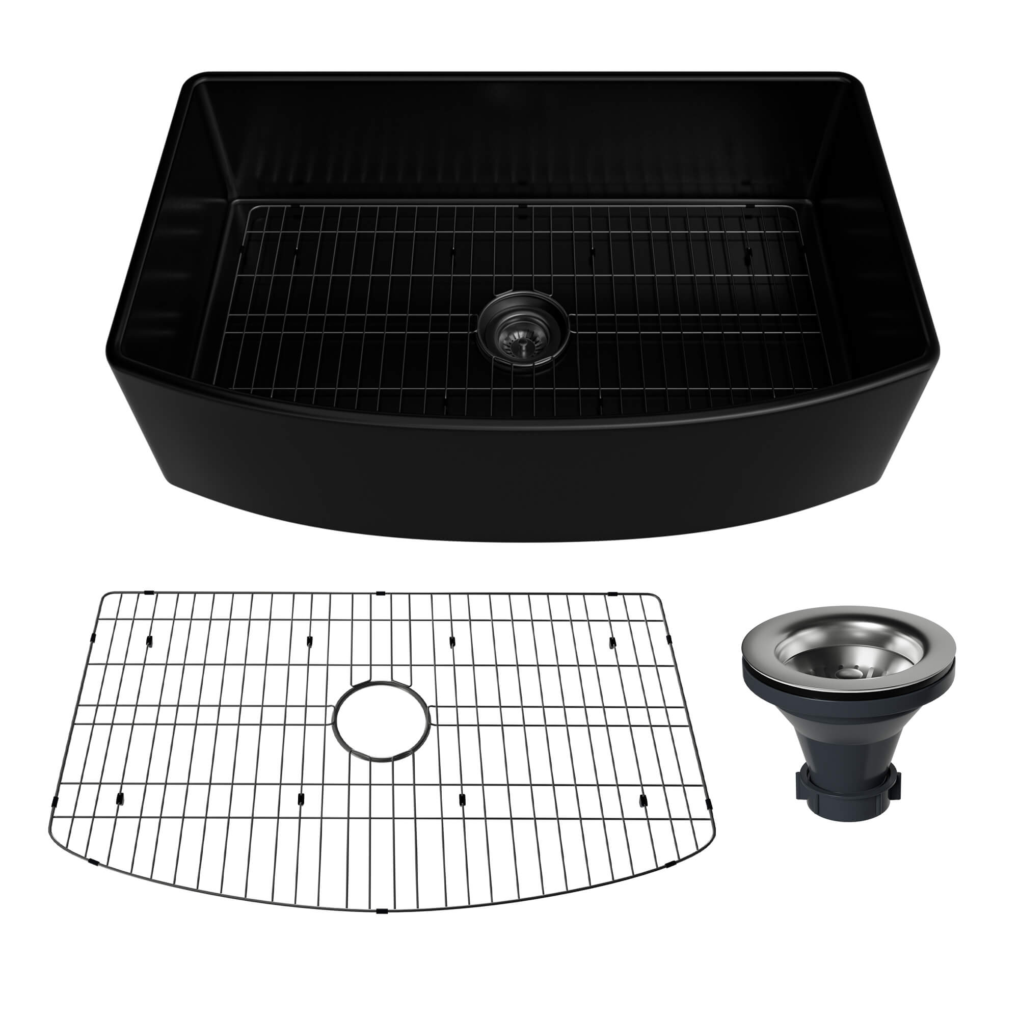 33 in. Curved Single Bowl Fireclay Farmhouse Apron Kitchen Sink with Grid and Drainer, cUPC Certified, in Glossy White/Matte Black/Matte Gray