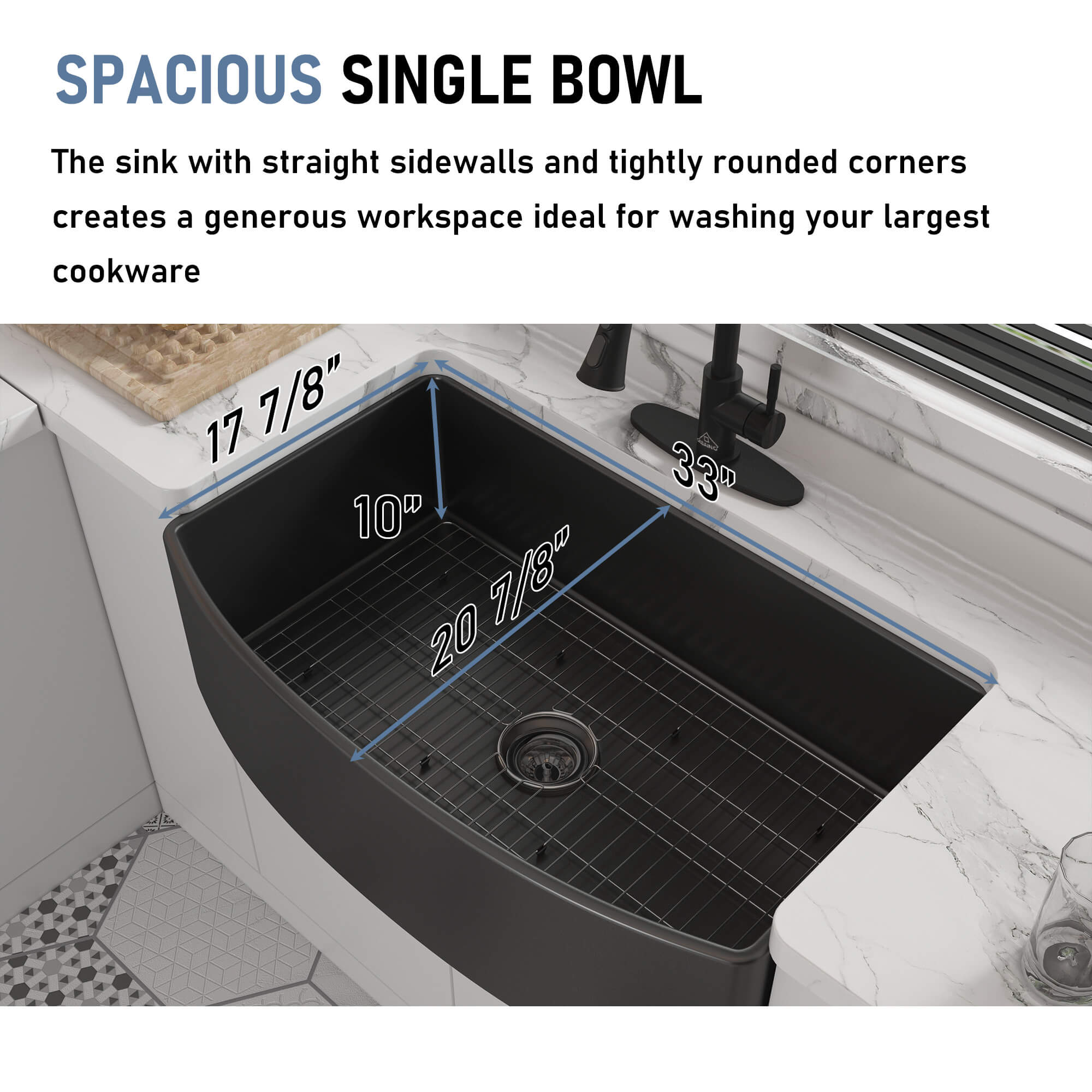 33 in. Curved Single Bowl Fireclay Farmhouse Apron Kitchen Sink with Grid and Drainer, cUPC Certified, in Glossy White/Matte Black/Matte Gray