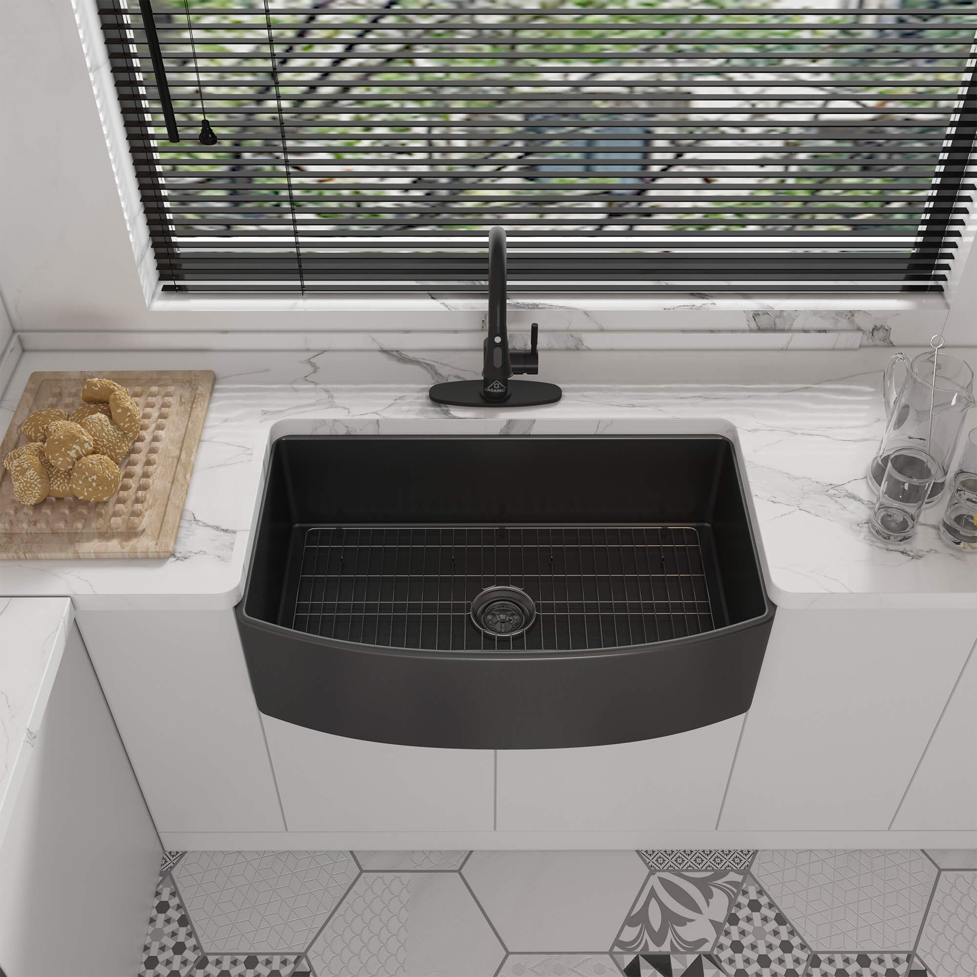 33 in. Curved Single Bowl Fireclay Farmhouse Apron Kitchen Sink with Grid and Drainer, cUPC Certified, in Glossy White/Matte Black/Matte Gray