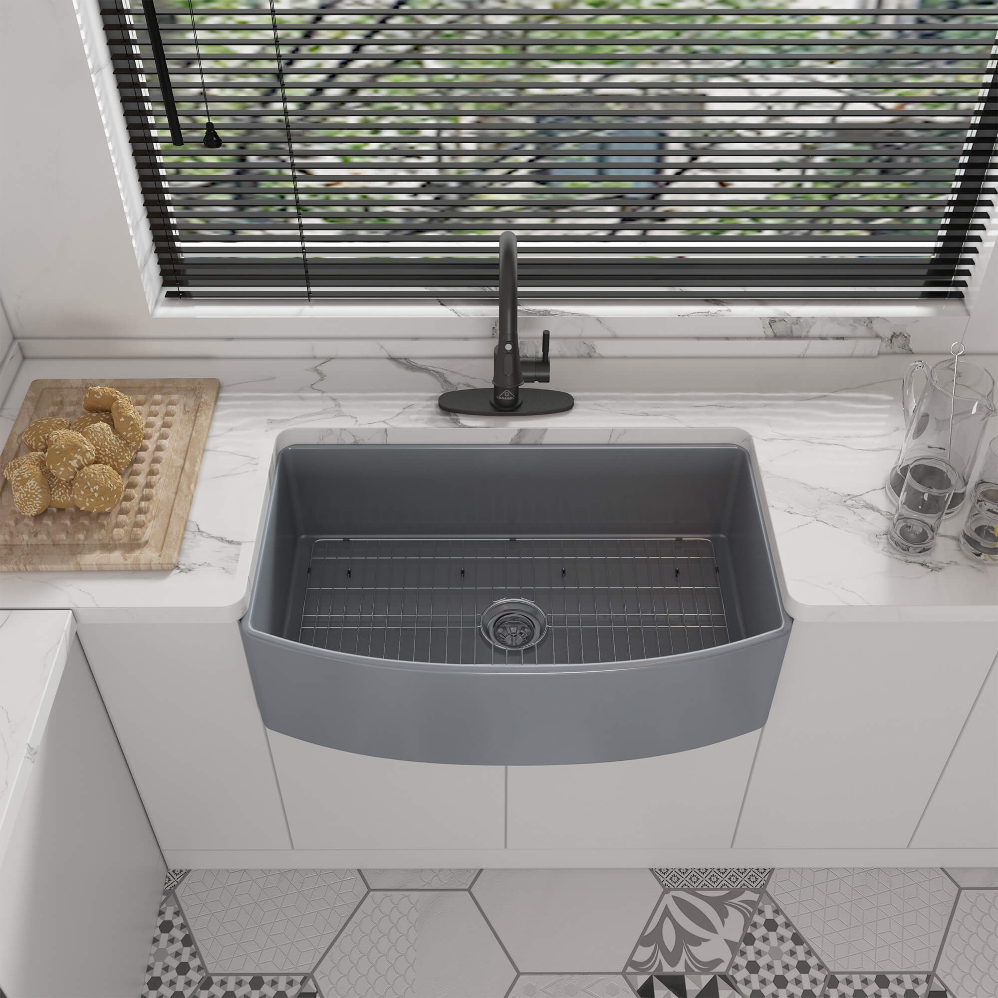 33 in. Curved Single Bowl Fireclay Farmhouse Apron Kitchen Sink with Grid and Drainer, cUPC Certified, in Glossy White/Matte Black/Matte Gray