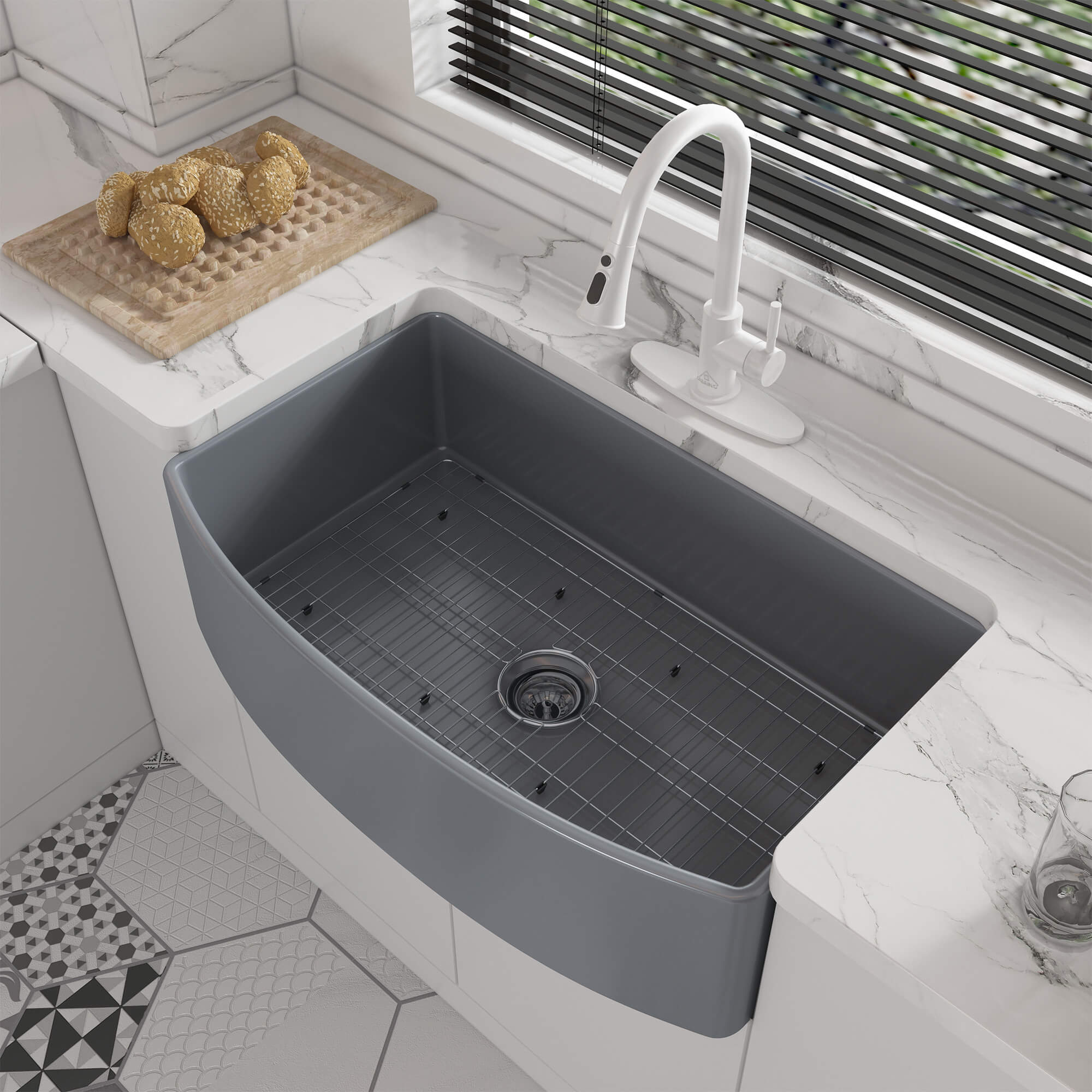 33 in. Curved Single Bowl Fireclay Farmhouse Apron Kitchen Sink with Grid and Drainer, cUPC Certified, in Glossy White/Matte Black/Matte Gray