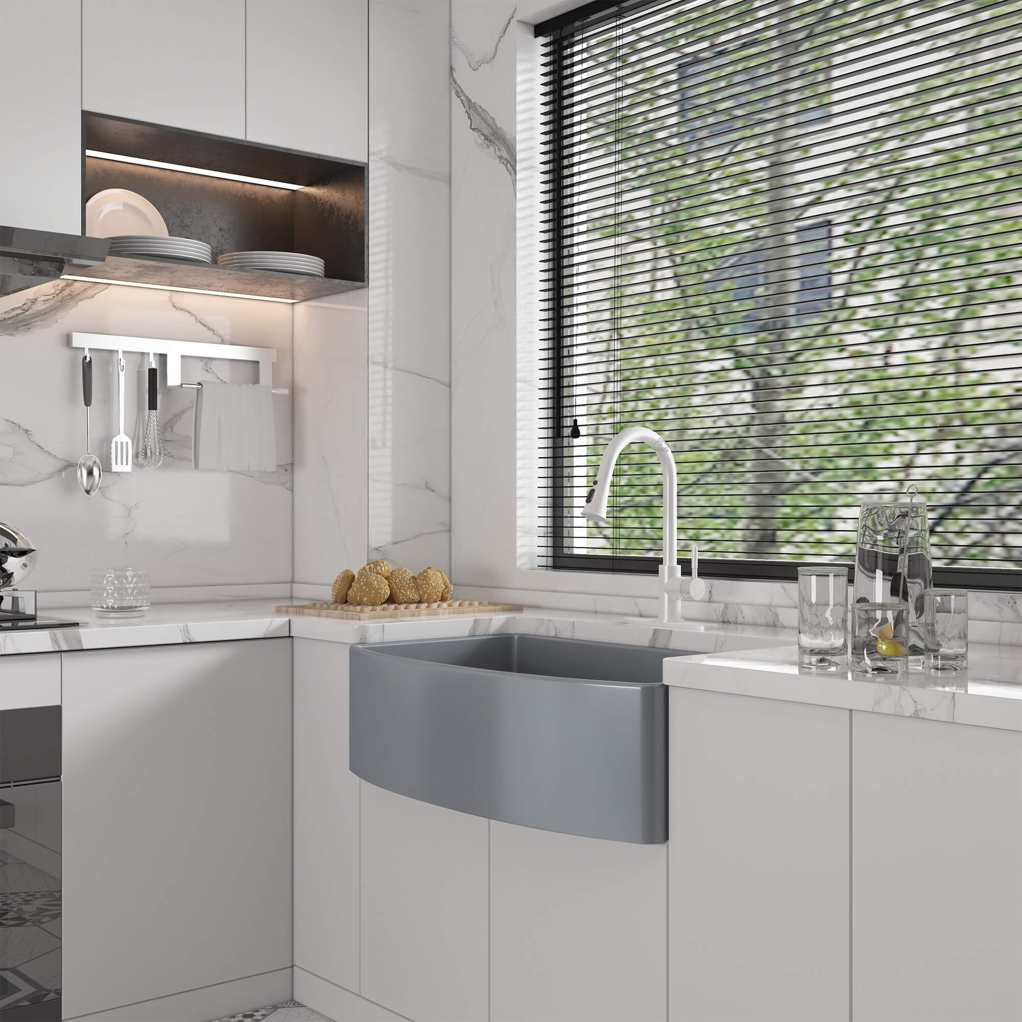 33 in. Curved Single Bowl Fireclay Farmhouse Apron Kitchen Sink with Grid and Drainer, cUPC Certified, in Glossy White/Matte Black/Matte Gray