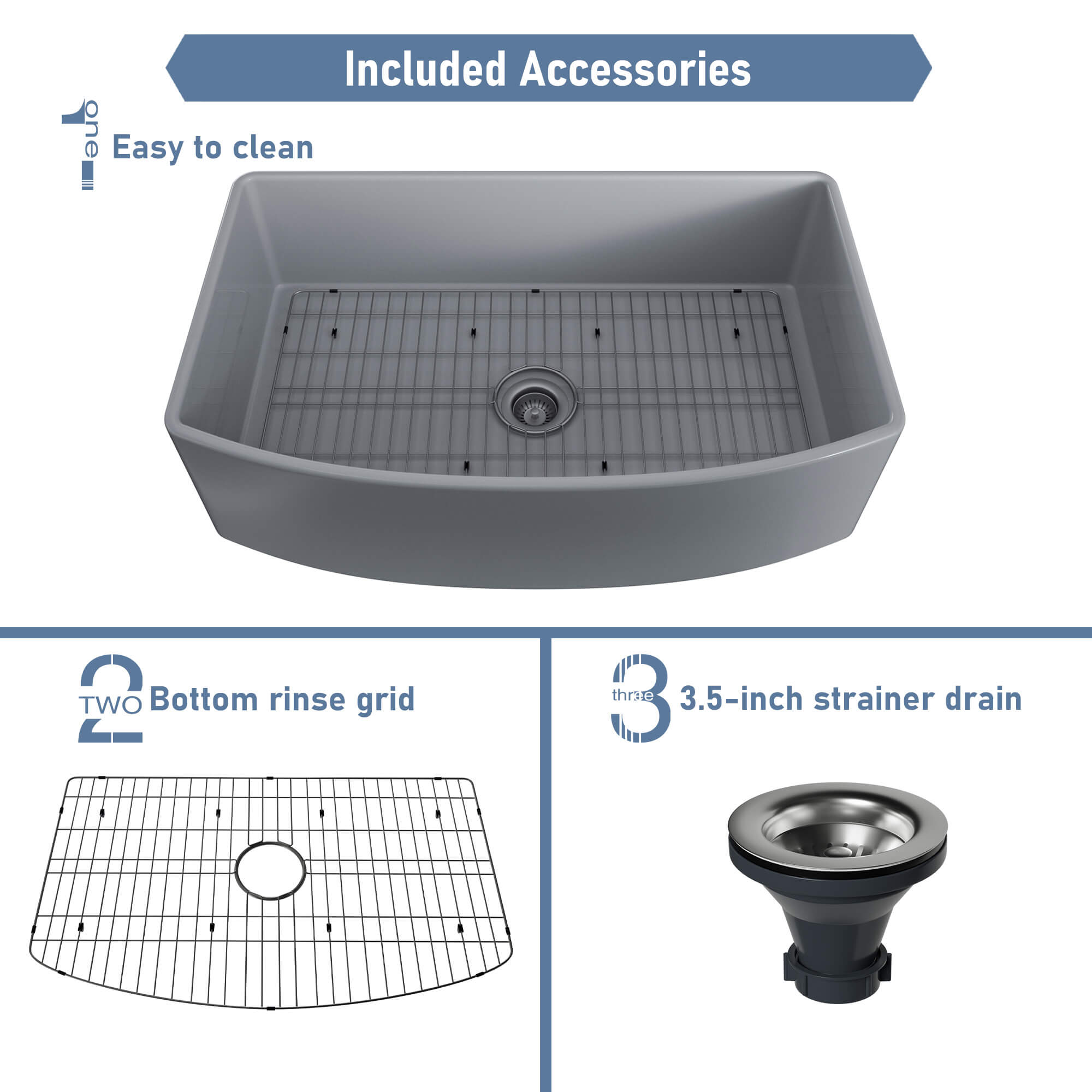 33 in. Curved Single Bowl Fireclay Farmhouse Apron Kitchen Sink with Grid and Drainer, cUPC Certified, in Glossy White/Matte Black/Matte Gray