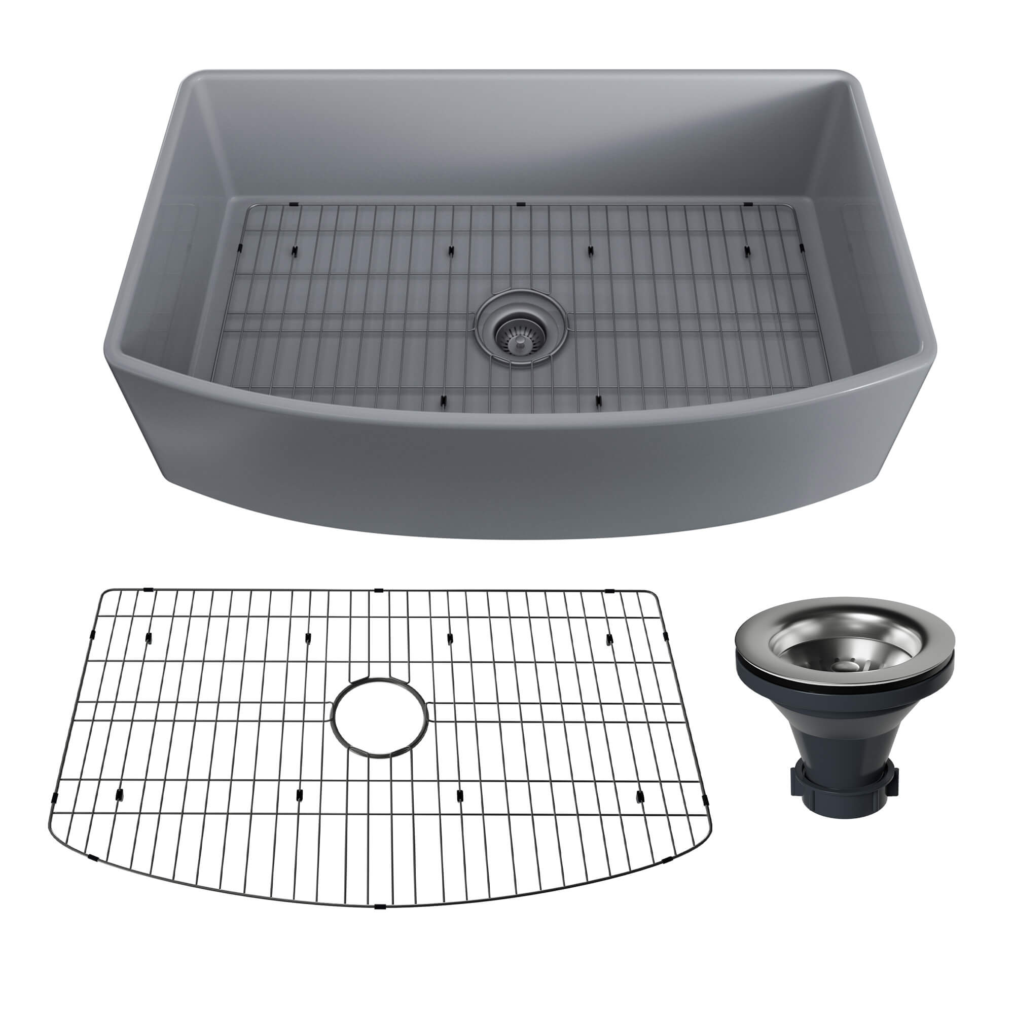 33 in. Curved Single Bowl Fireclay Farmhouse Apron Kitchen Sink with Grid and Drainer, cUPC Certified, in Glossy White/Matte Black/Matte Gray