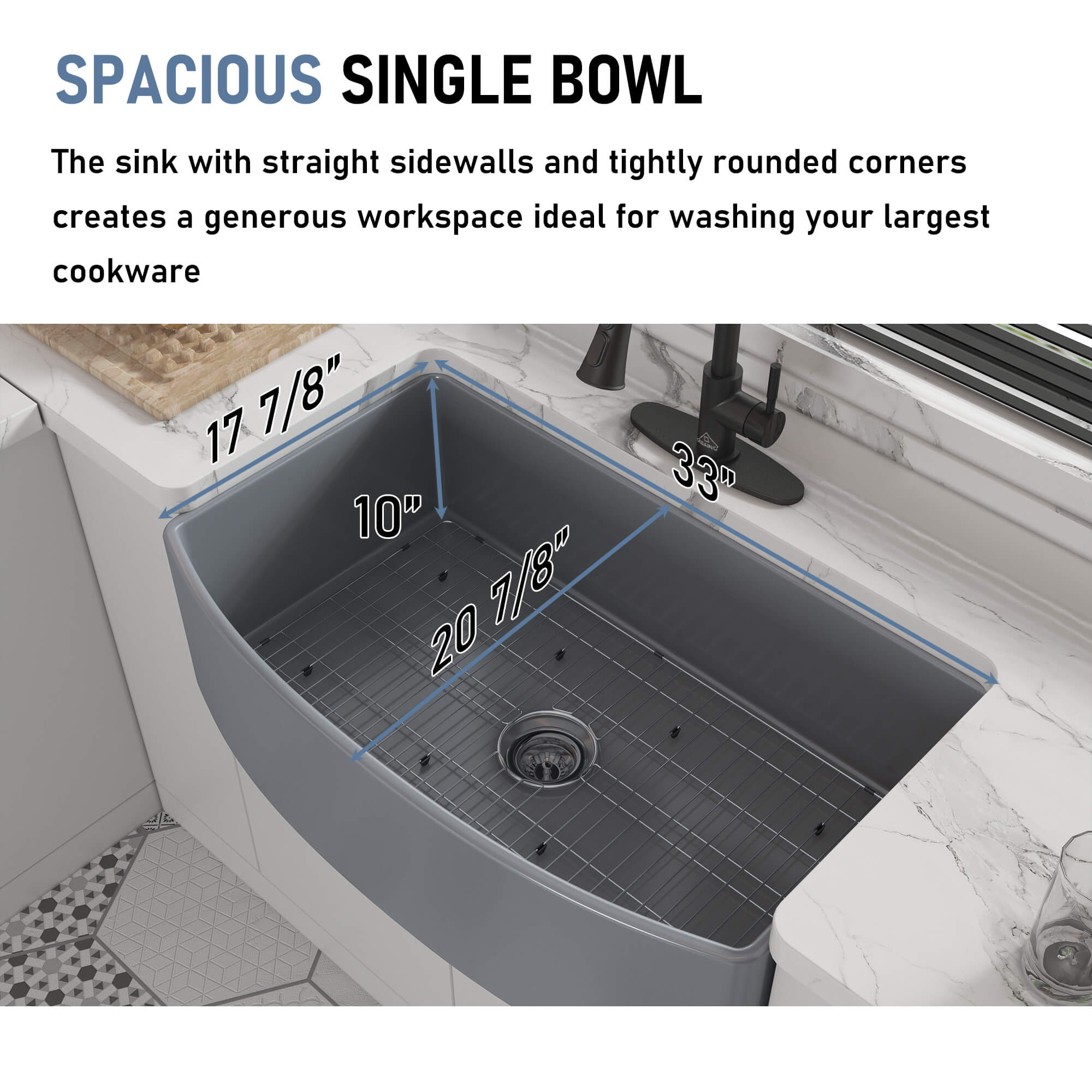 33 in. Curved Single Bowl Fireclay Farmhouse Apron Kitchen Sink with Grid and Drainer, cUPC Certified, in Glossy White/Matte Black/Matte Gray
