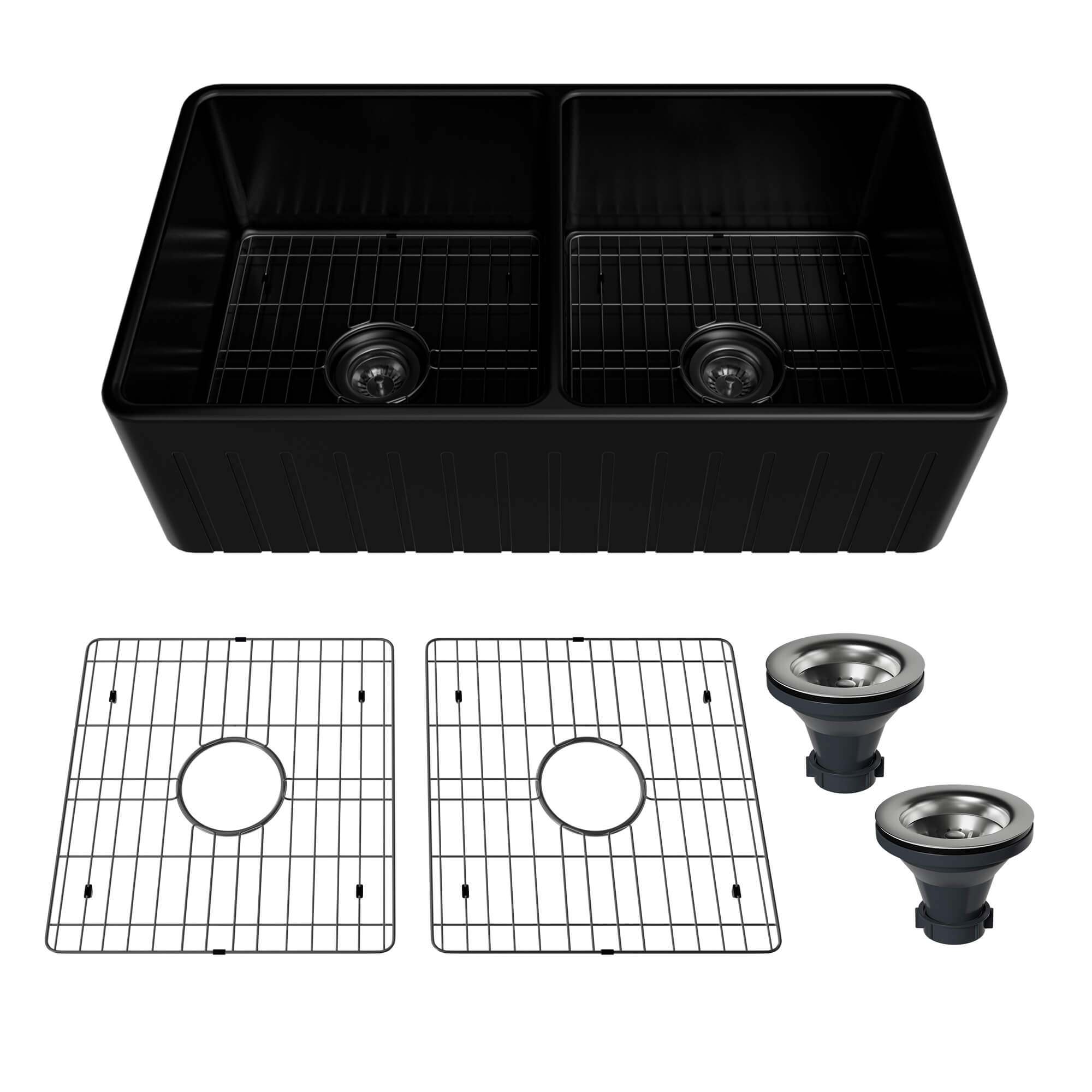 33 in. Double Bowl Fireclay Farmhouse Apron Kitchen Sink with Striped Design Reversible Installation, with Grid and Drainer, cUPC Certified, in Black/Gray/White