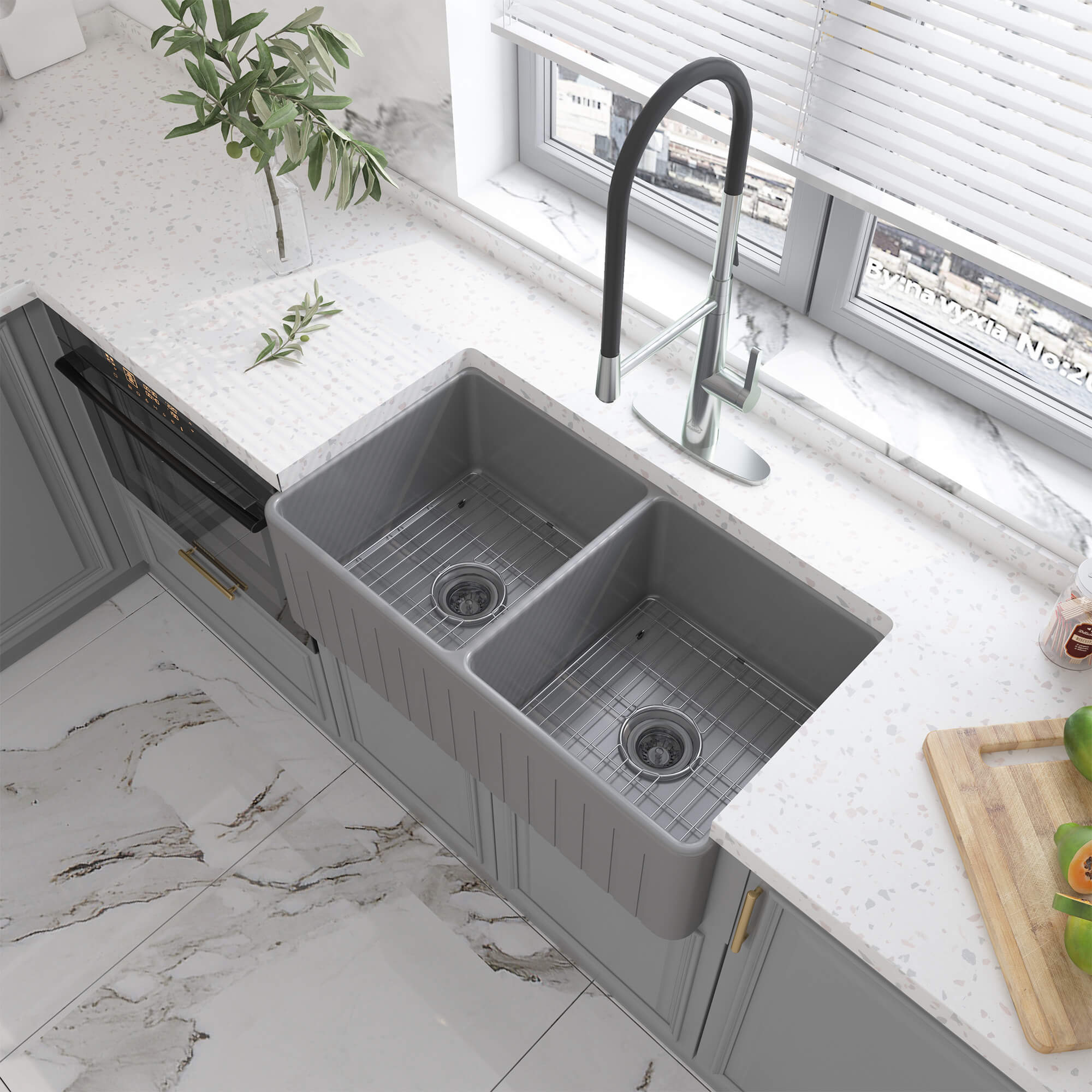 33 in. Double Bowl Fireclay Farmhouse Apron Kitchen Sink with Striped Design Reversible Installation, with Grid and Drainer, cUPC Certified, in Black/Gray/White