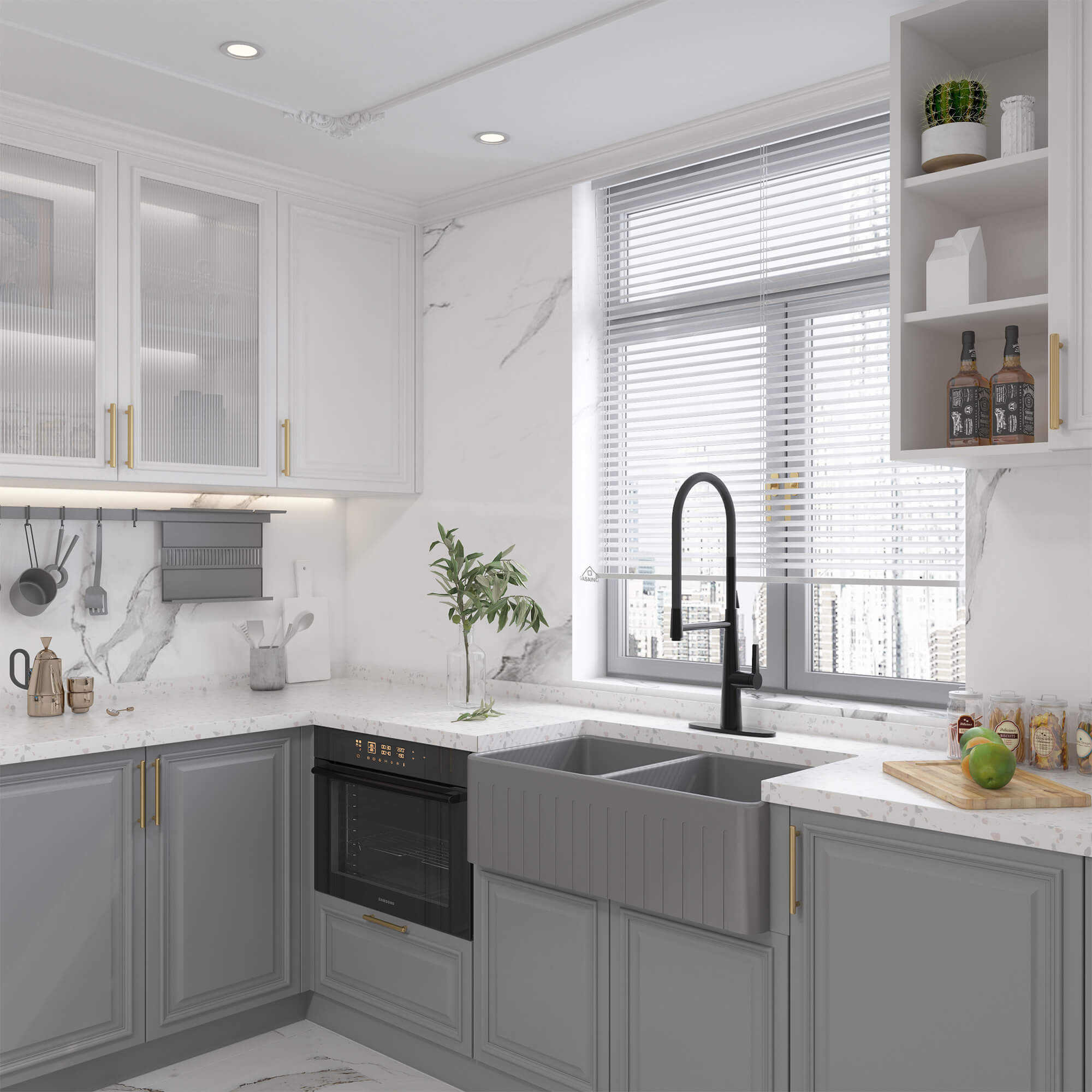 33 in. Double Bowl Fireclay Farmhouse Apron Kitchen Sink with Striped Design Reversible Installation, with Grid and Drainer, cUPC Certified, in Black/Gray/White