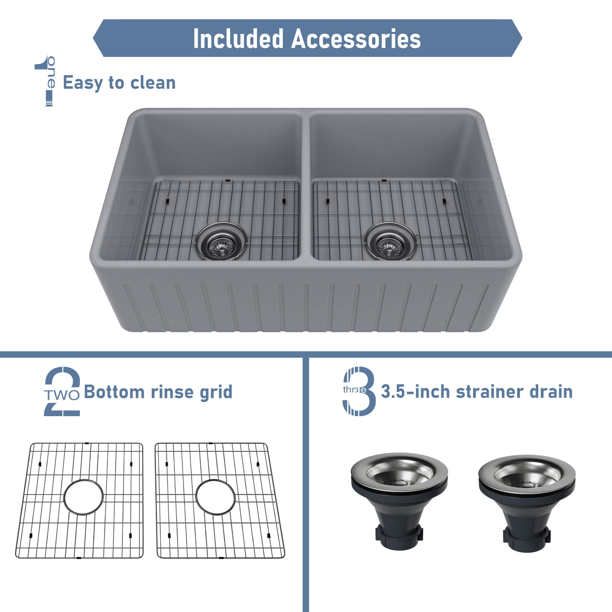 33 in. Double Bowl Fireclay Farmhouse Apron Kitchen Sink with Striped Design Reversible Installation, with Grid and Drainer, cUPC Certified, in Black/Gray/White