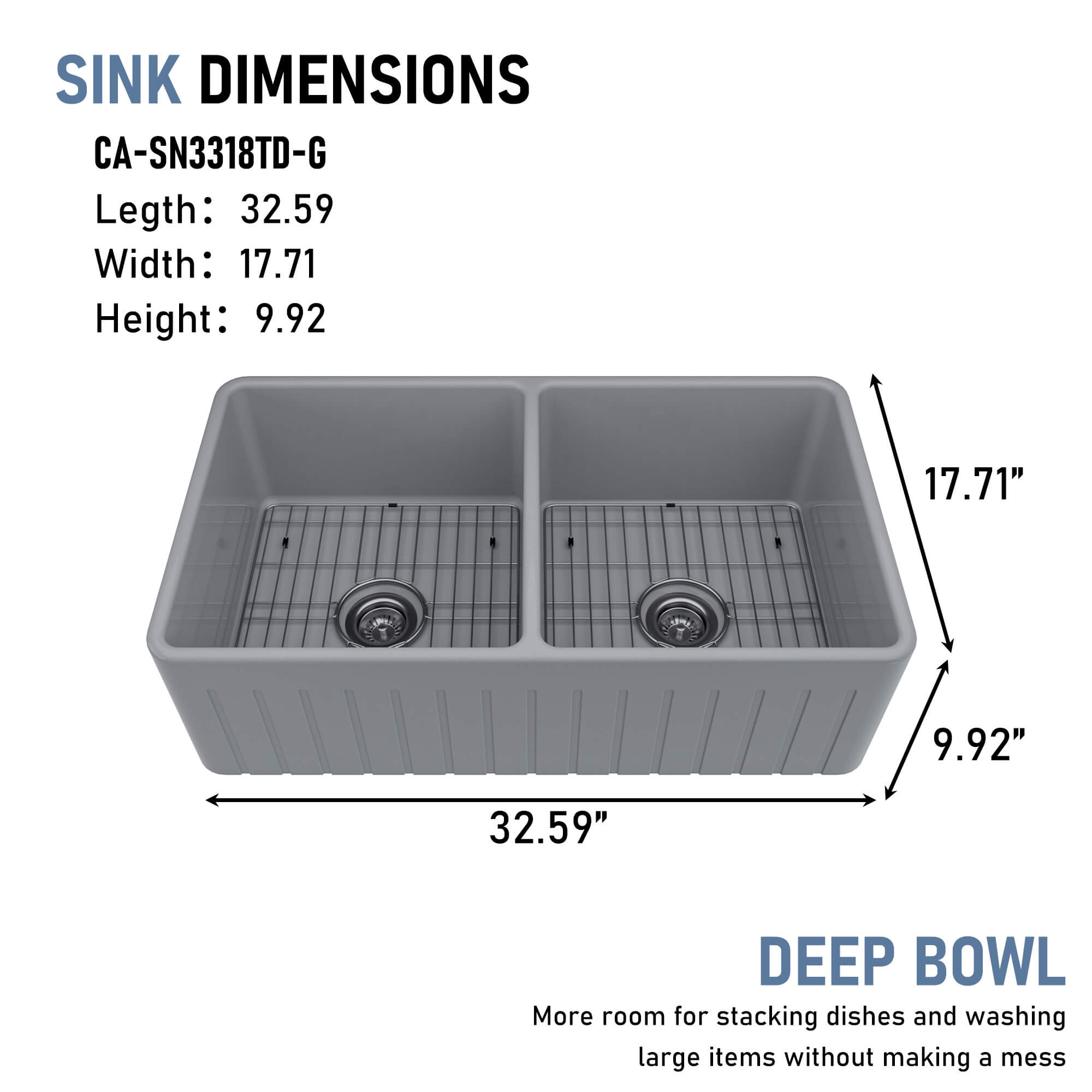 33 in. Double Bowl Fireclay Farmhouse Apron Kitchen Sink with Striped Design Reversible Installation, with Grid and Drainer, cUPC Certified, in Black/Gray/White