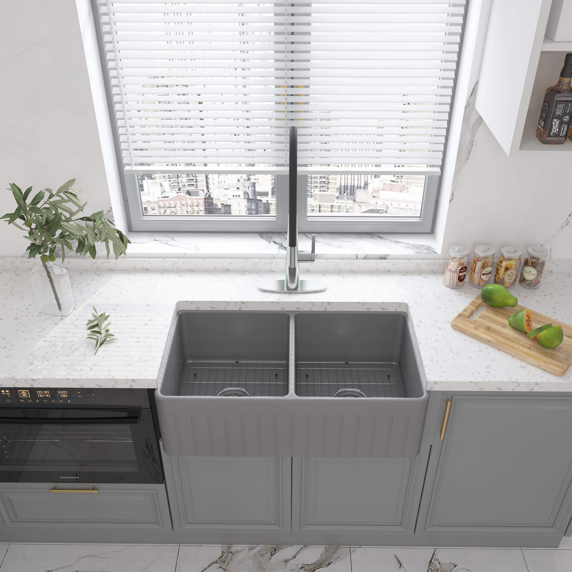 33 in. Double Bowl Fireclay Farmhouse Apron Kitchen Sink with Striped Design Reversible Installation, with Grid and Drainer, cUPC Certified, in Black/Gray/White