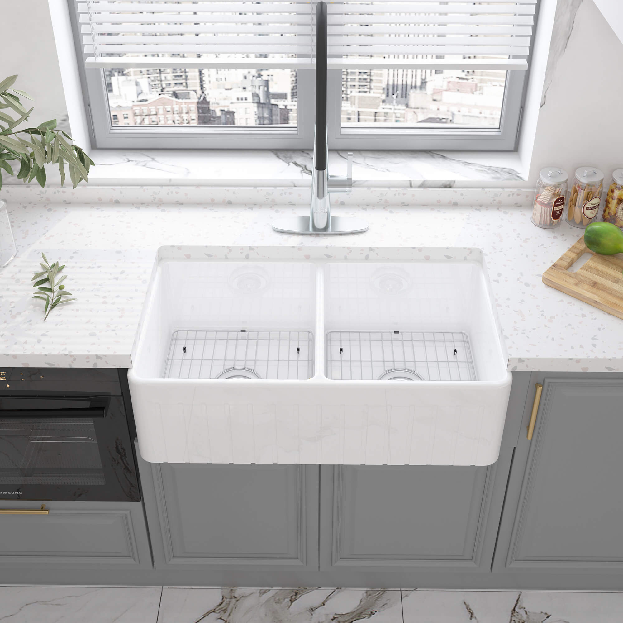 33 in. Double Bowl Fireclay Farmhouse Apron Kitchen Sink with Striped Design Reversible Installation, with Grid and Drainer, cUPC Certified, in Black/Gray/White