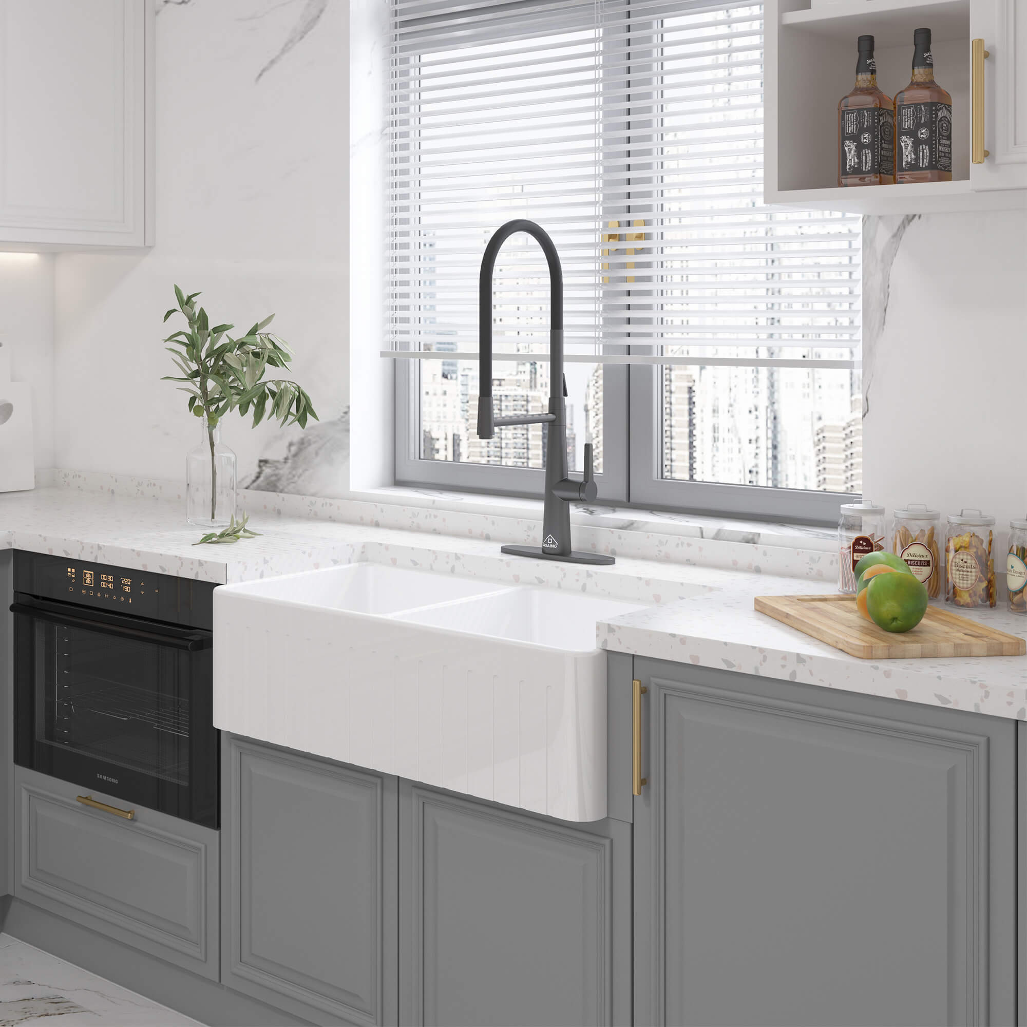 33 in. Double Bowl Fireclay Farmhouse Apron Kitchen Sink with Striped Design Reversible Installation, with Grid and Drainer, cUPC Certified, in Black/Gray/White