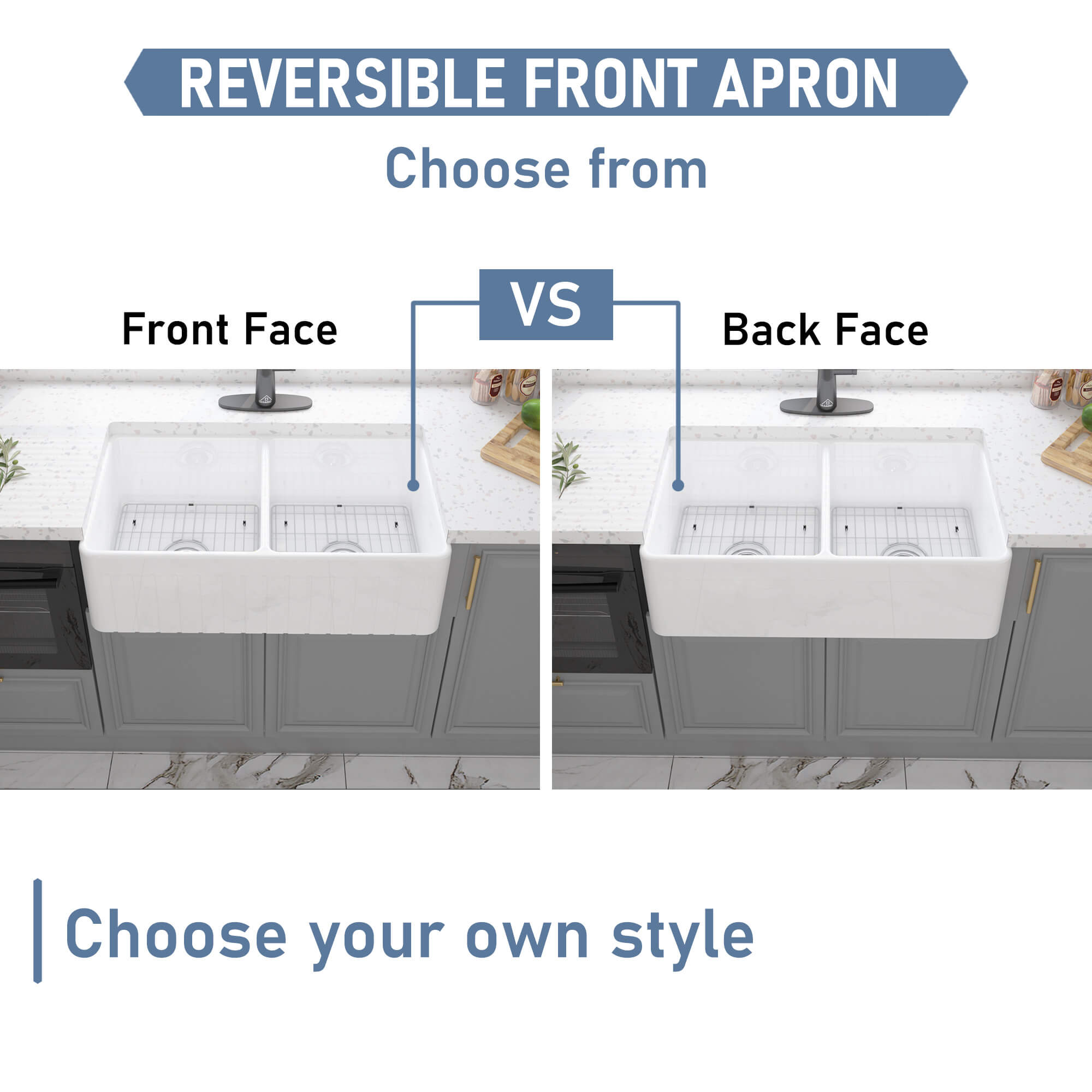 33 in. Double Bowl Fireclay Farmhouse Apron Kitchen Sink with Striped Design Reversible Installation, with Grid and Drainer, cUPC Certified, in Black/Gray/White