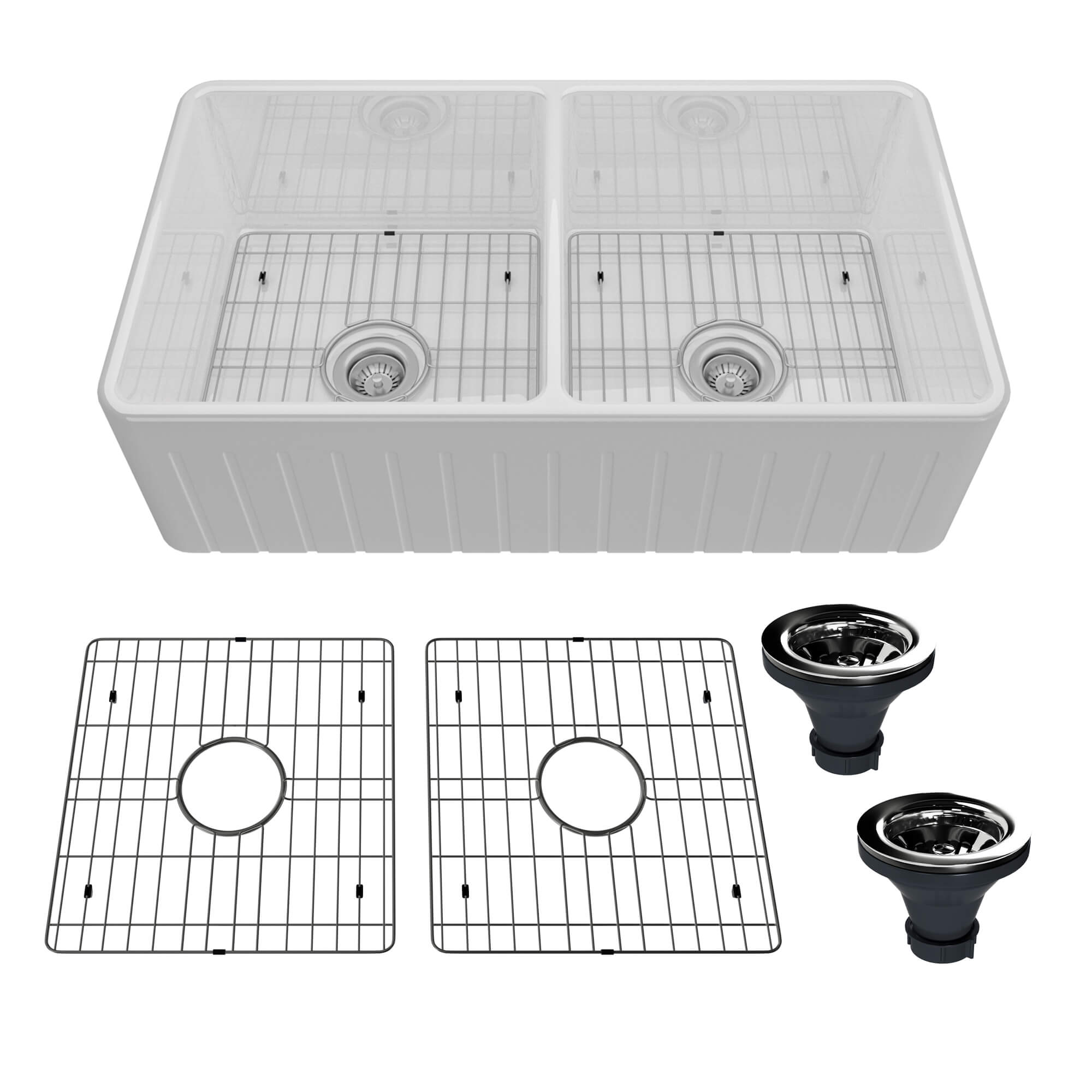 33 in. Double Bowl Fireclay Farmhouse Apron Kitchen Sink with Striped Design Reversible Installation, with Grid and Drainer, cUPC Certified, in Black/Gray/White