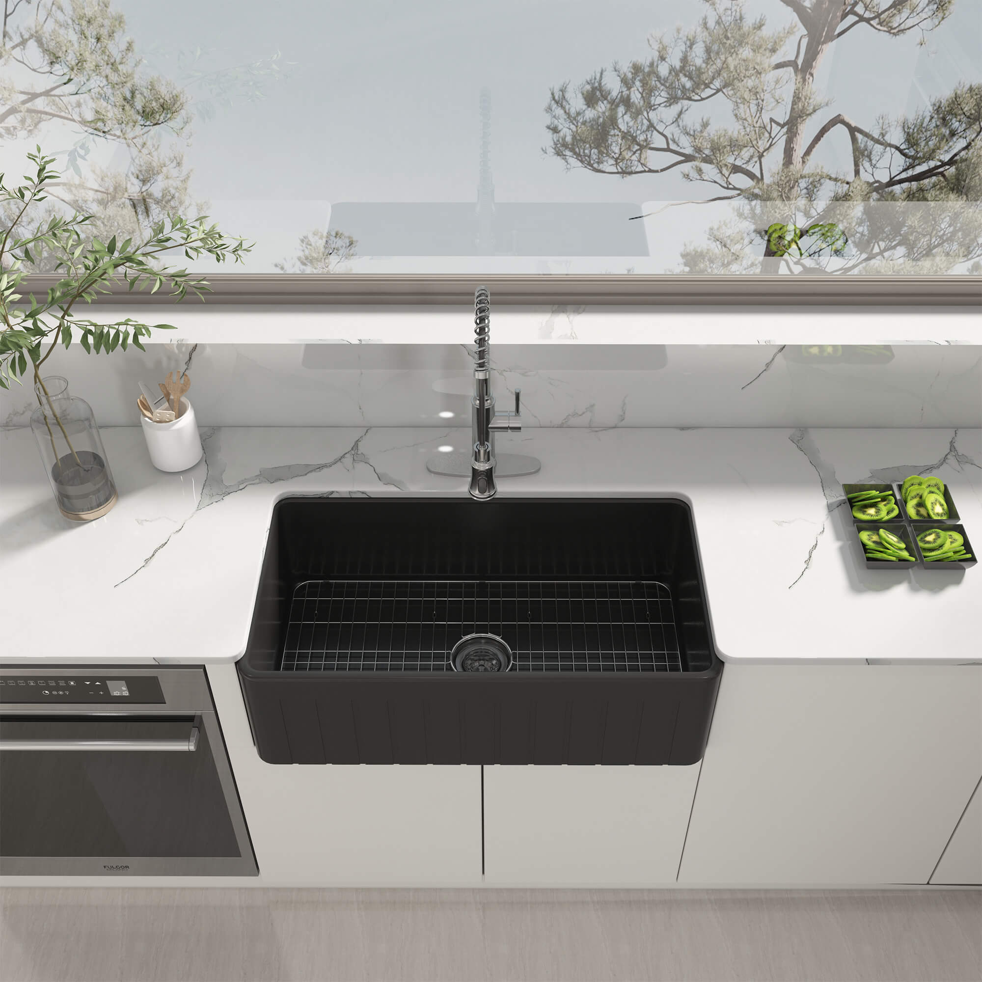 33 in. Single Bowl Fireclay Farmhouse Apron Kitchen Sink with Striped Design Reversible Installation, with Grid and Drainer, cUPC Certified, in White/Black/Gray