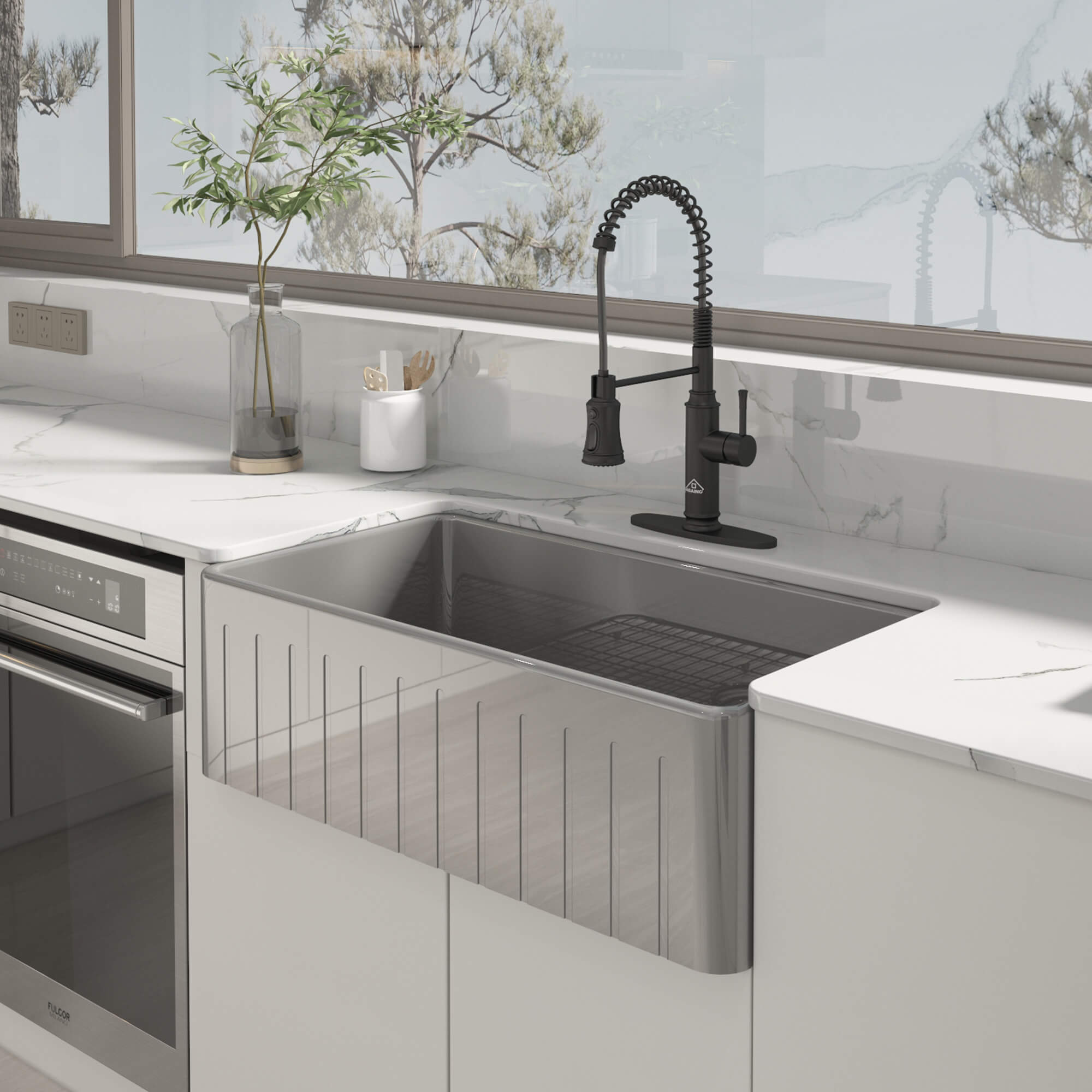 33 in. Single Bowl Fireclay Farmhouse Apron Kitchen Sink with Striped Design Reversible Installation, with Grid and Drainer, cUPC Certified, in White/Black/Gray