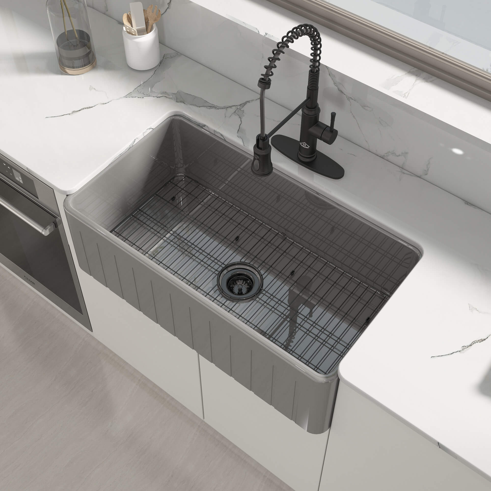 33 in. Single Bowl Fireclay Farmhouse Apron Kitchen Sink with Striped Design Reversible Installation, with Grid and Drainer, cUPC Certified, in White/Black/Gray