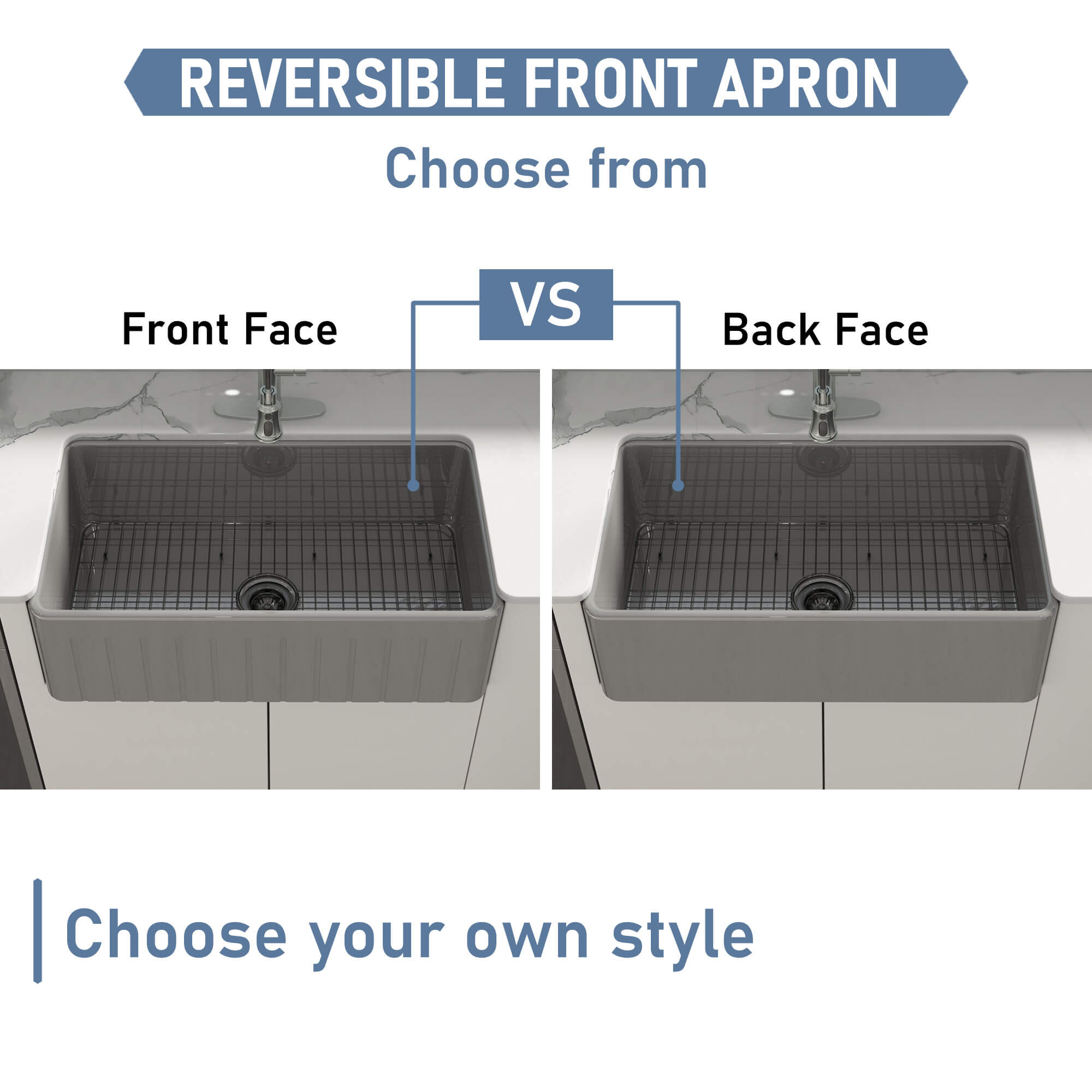 33 in. Single Bowl Fireclay Farmhouse Apron Kitchen Sink with Striped Design Reversible Installation, with Grid and Drainer, cUPC Certified, in White/Black/Gray