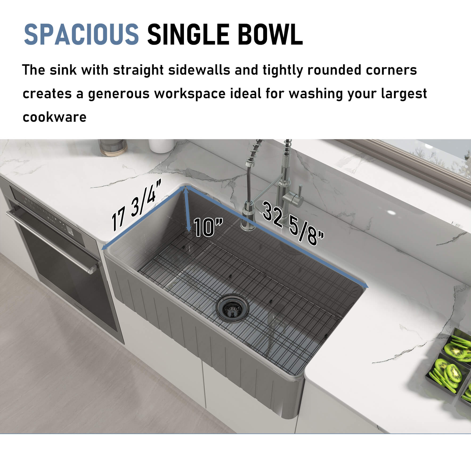 33 in. Single Bowl Fireclay Farmhouse Apron Kitchen Sink with Striped Design Reversible Installation, with Grid and Drainer, cUPC Certified, in White/Black/Gray