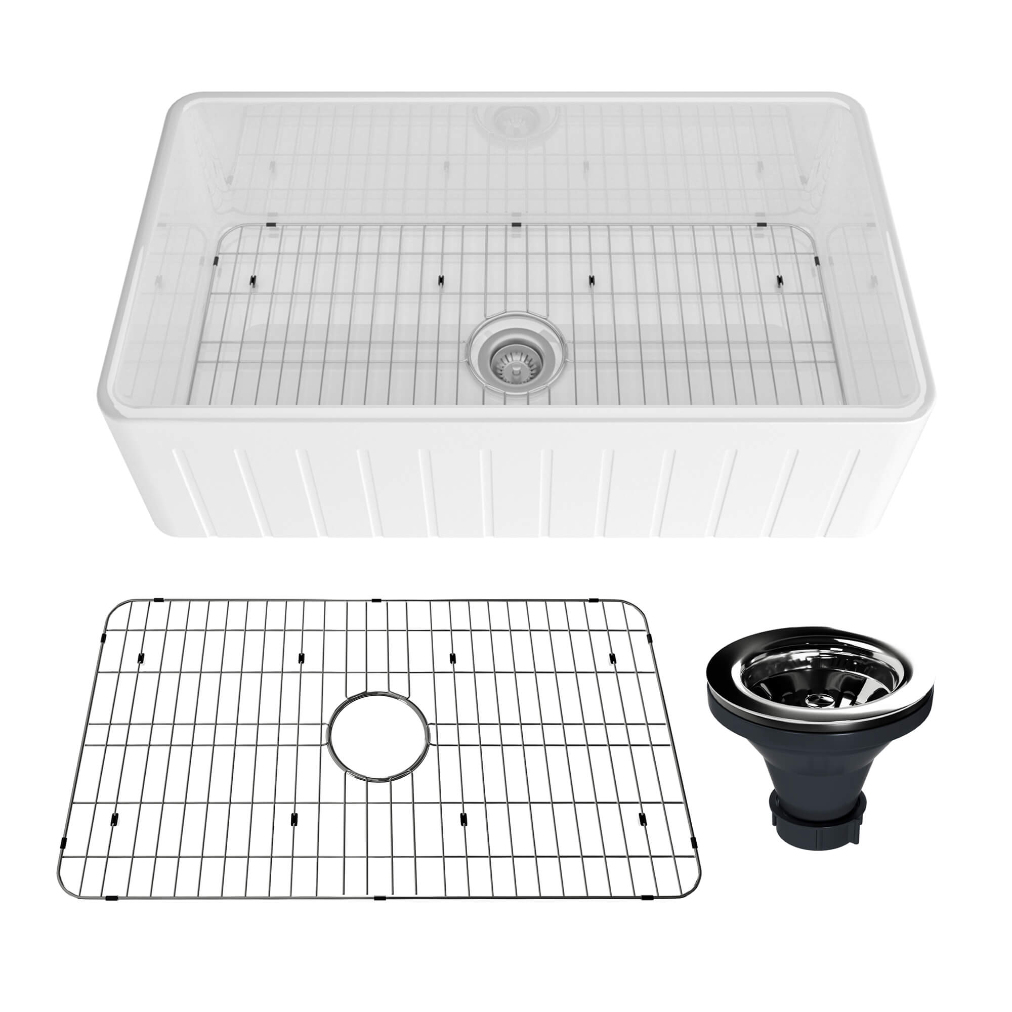 33 in. Single Bowl Fireclay Farmhouse Apron Kitchen Sink with Striped Design Reversible Installation, with Grid and Drainer, cUPC Certified, in White/Black/Gray