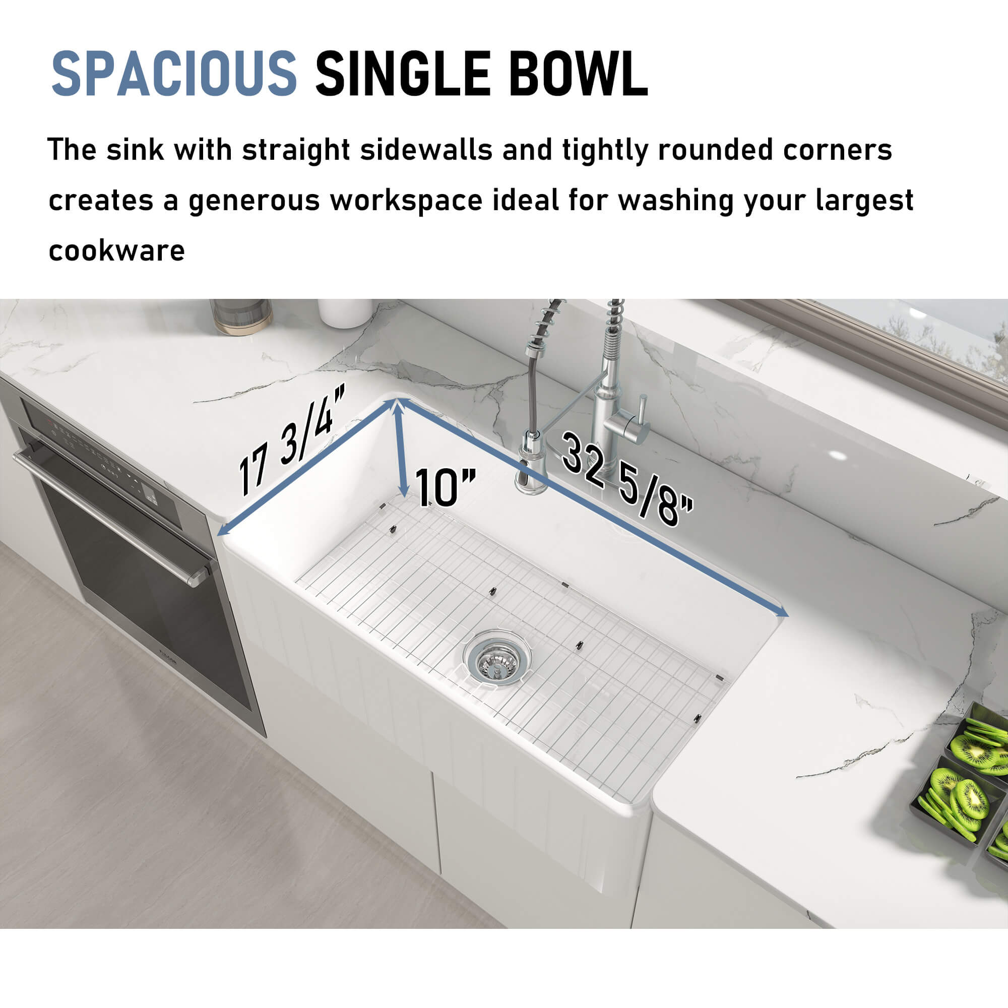 33 in. Single Bowl Fireclay Farmhouse Apron Kitchen Sink with Striped Design Reversible Installation, with Grid and Drainer, cUPC Certified, in White/Black/Gray