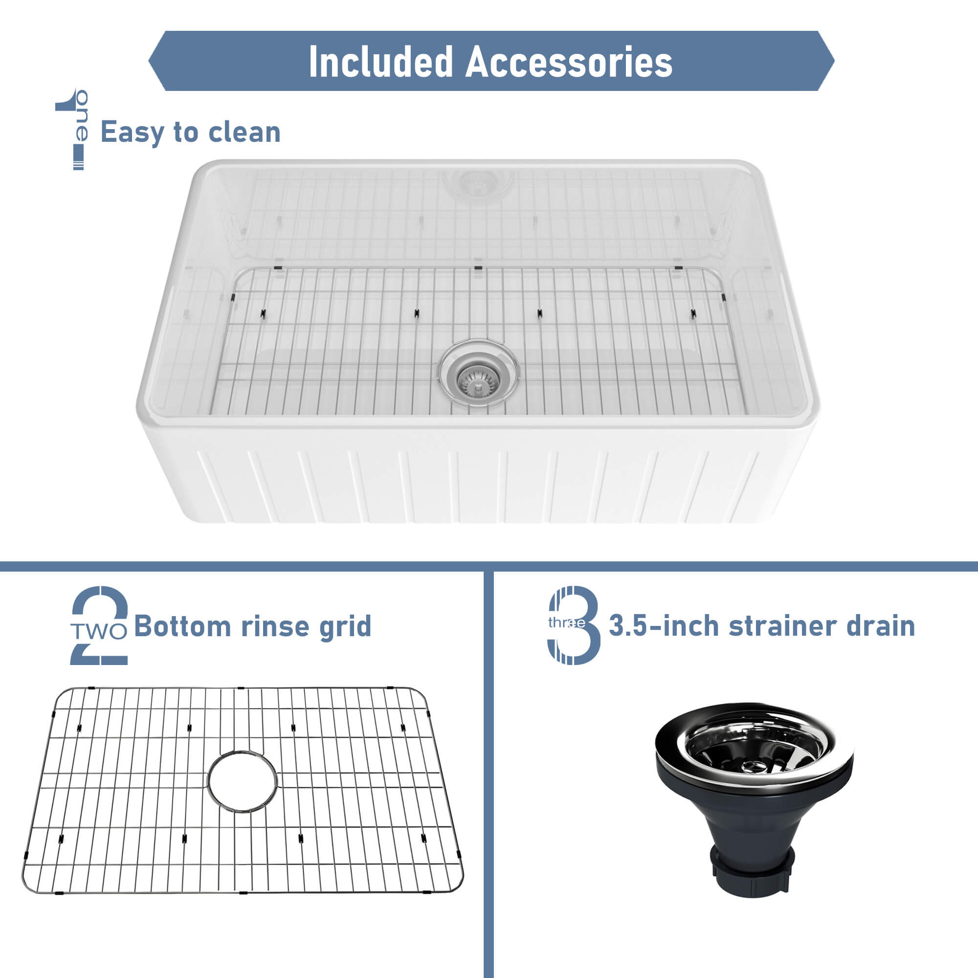 33 in. Single Bowl Fireclay Farmhouse Apron Kitchen Sink with Striped Design Reversible Installation, with Grid and Drainer, cUPC Certified, in White/Black/Gray