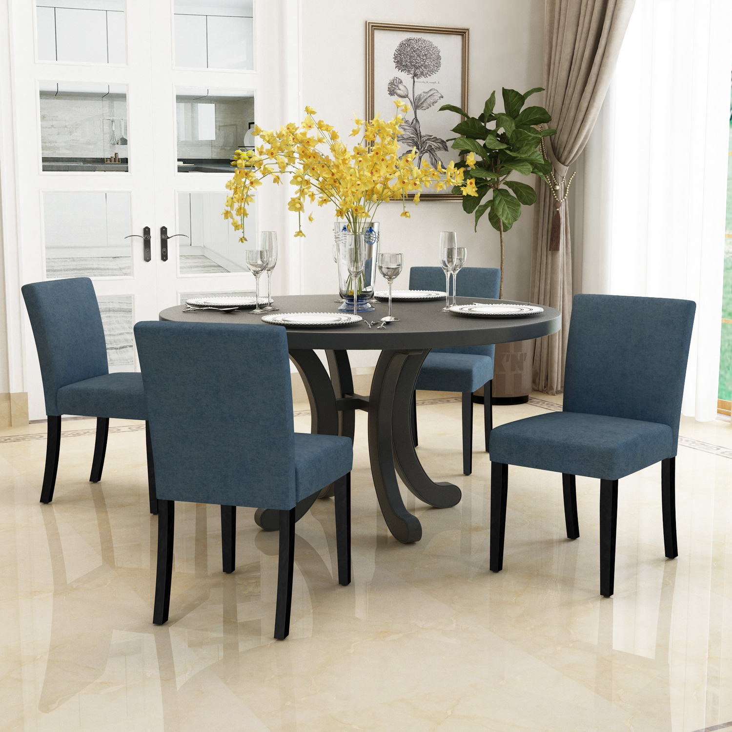 Upholstered Dining Chairs Set of 2 Modern Dining Chairs with Solid Wood Legs, BLUE