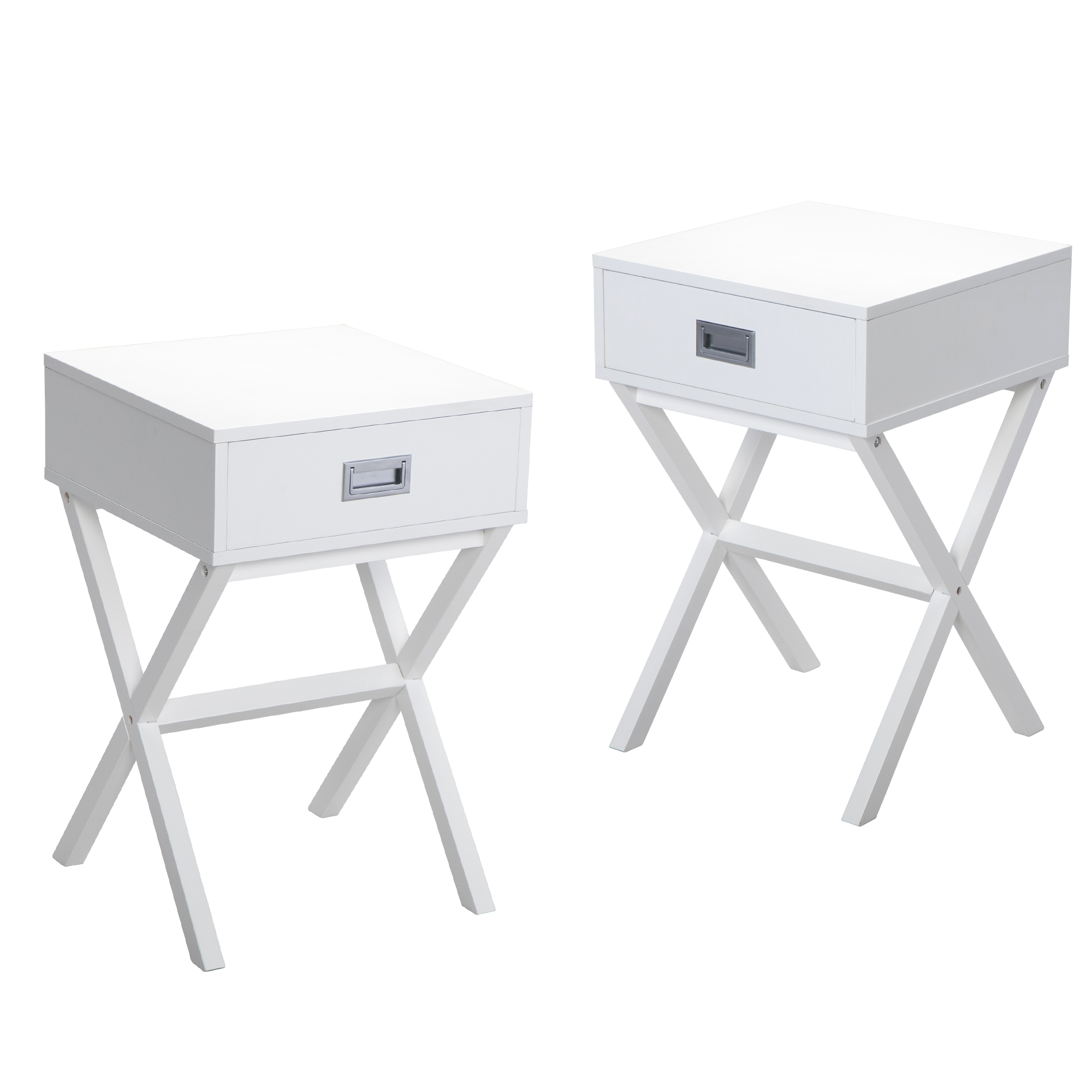Set of 2 Wooden Nightstand, X-Shaped Sofa Side Table, End Table with Drawer, Bedroom Living Room Furniture,White-CASAINC