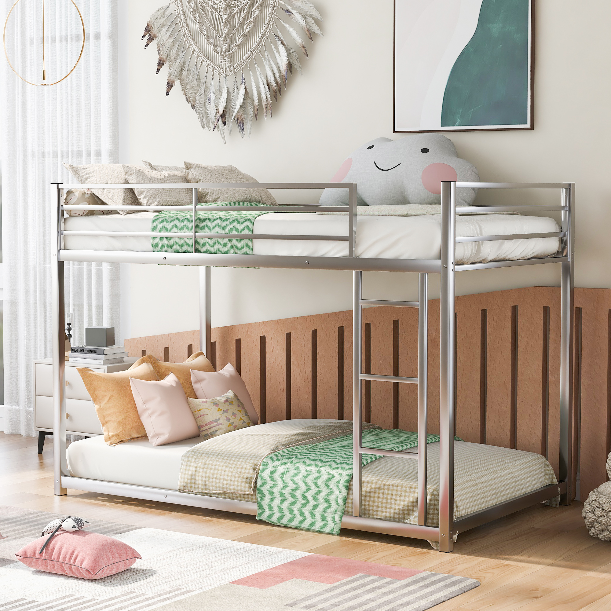 Twin over Twin Metal Bunk Bed, Low Bunk Bed with Ladder,Silver(OLD SKU:WF282465AAN)(Expected Arrival Time:4.20)-CASAINC