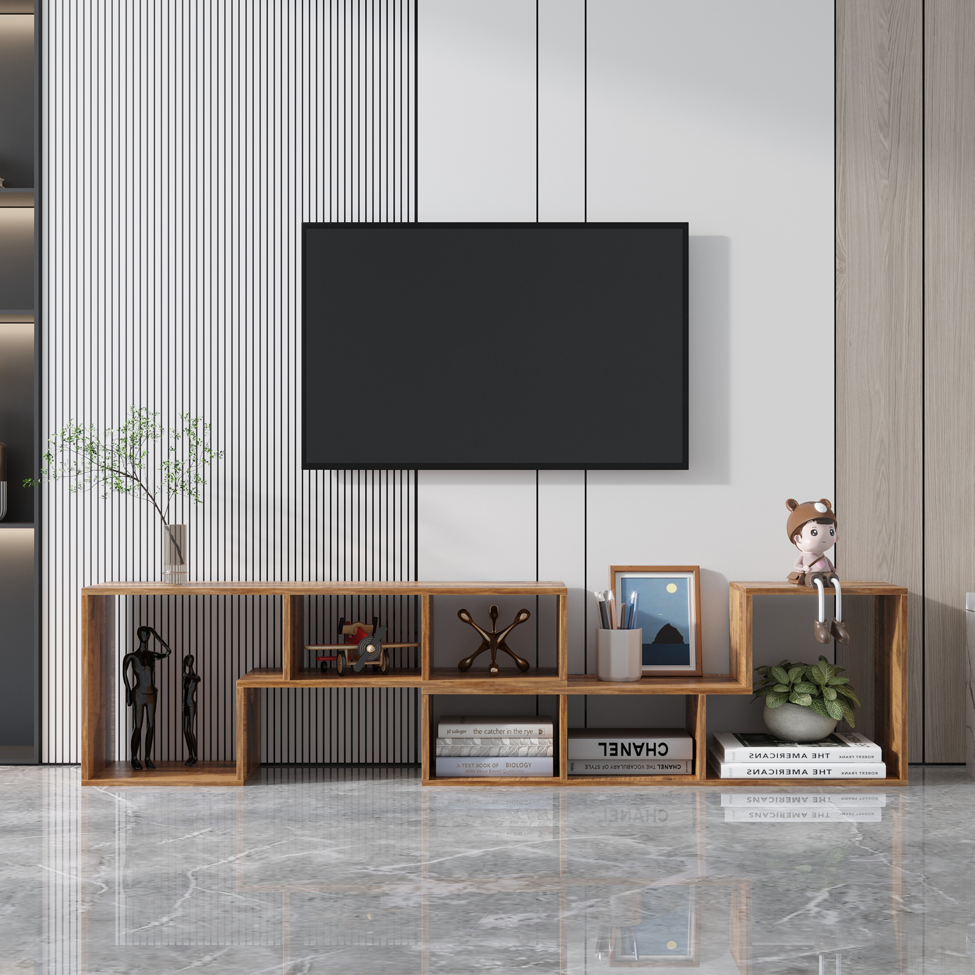 Double L-Shaped Oak TV Stand，Display Shelf ，Bookcase for Home Furniture,Fir Wood-CASAINC