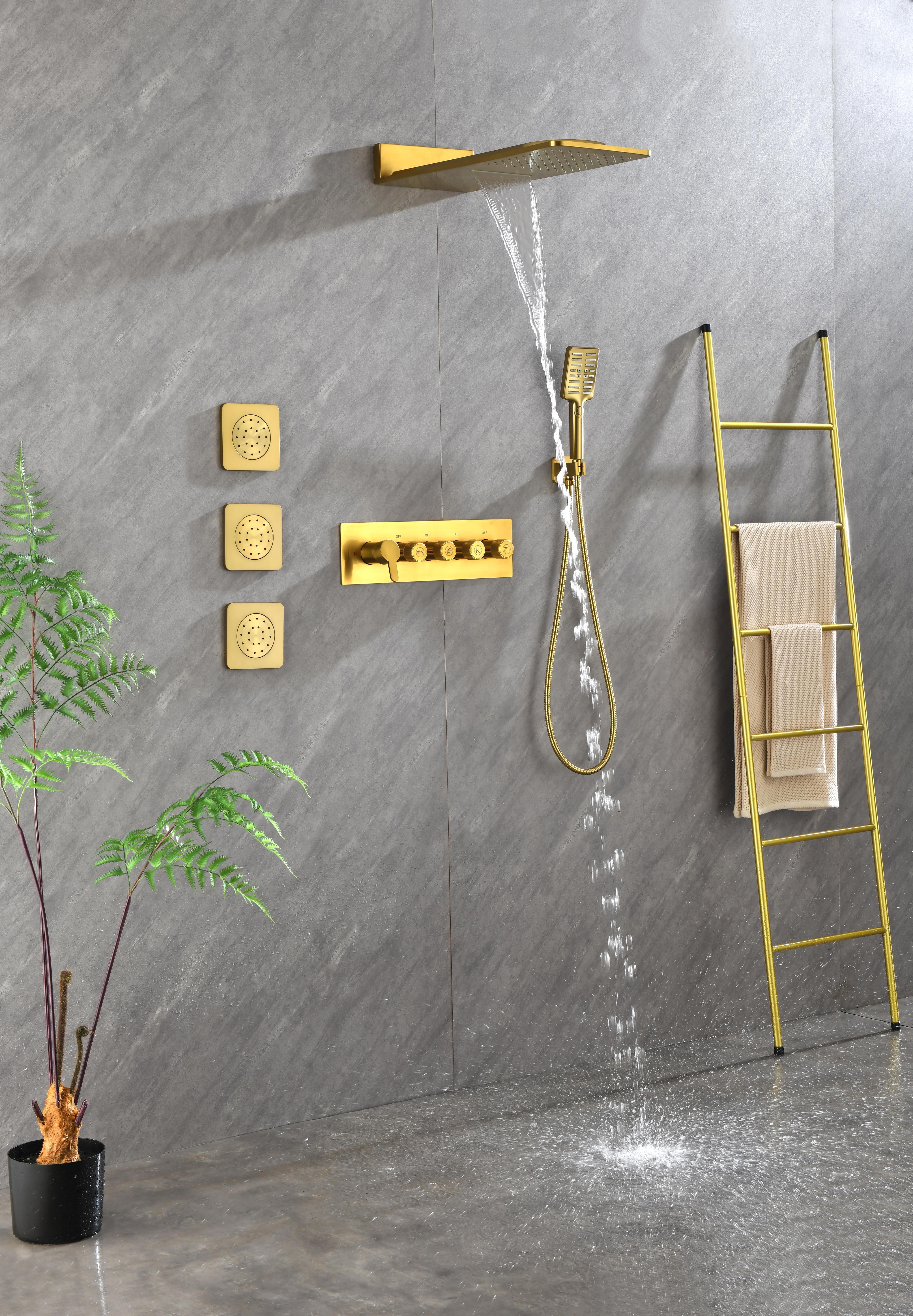 Wall Mounted Waterfall Rain Shower System With 3 Body Sprays  Handheld Shower