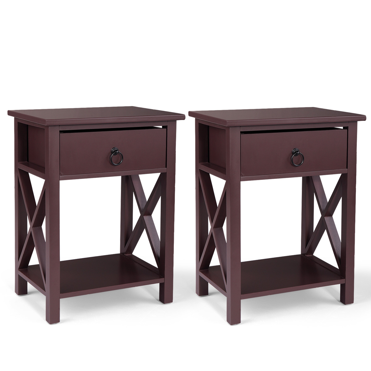Set of 2 Wooden Nightstand, X-Shaped Sofa Side Table, End Table with Drawer, Bedroom Living Room Furniture, Brown-CASAINC