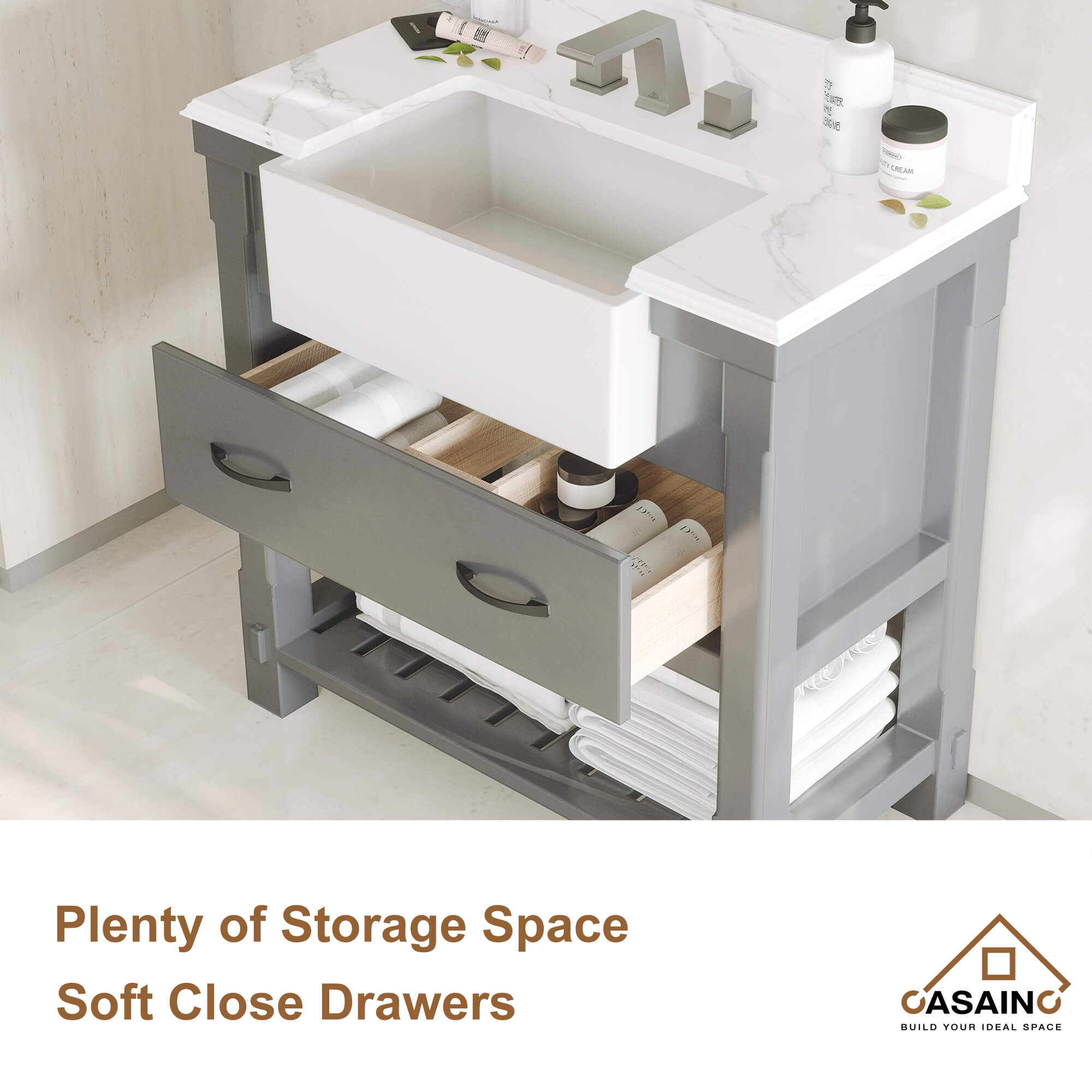 36" Farmhouse Sink Bathroom Vanity with Shelf in White/Grey