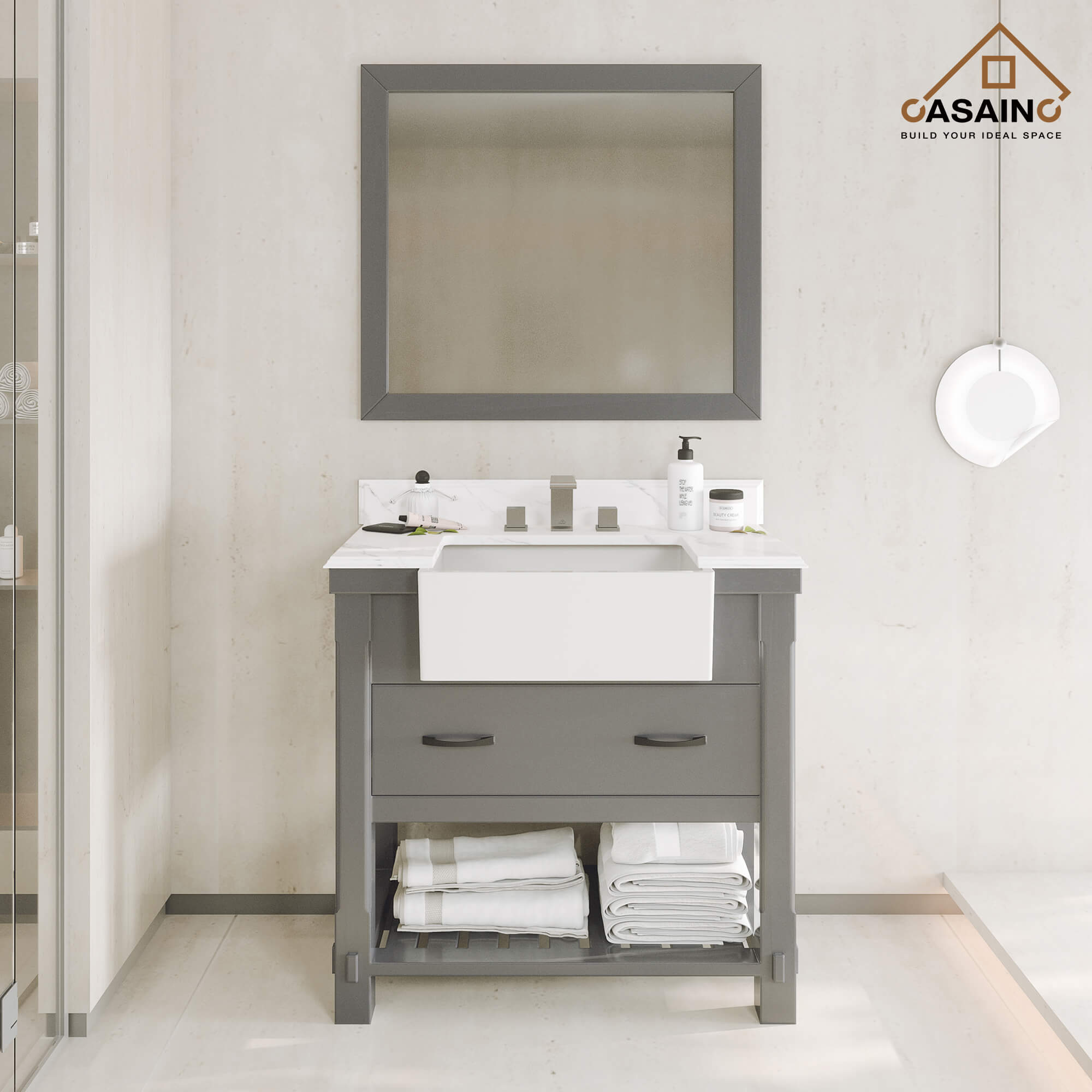 36" Farmhouse Sink Bathroom Vanity with Shelf in White/Grey