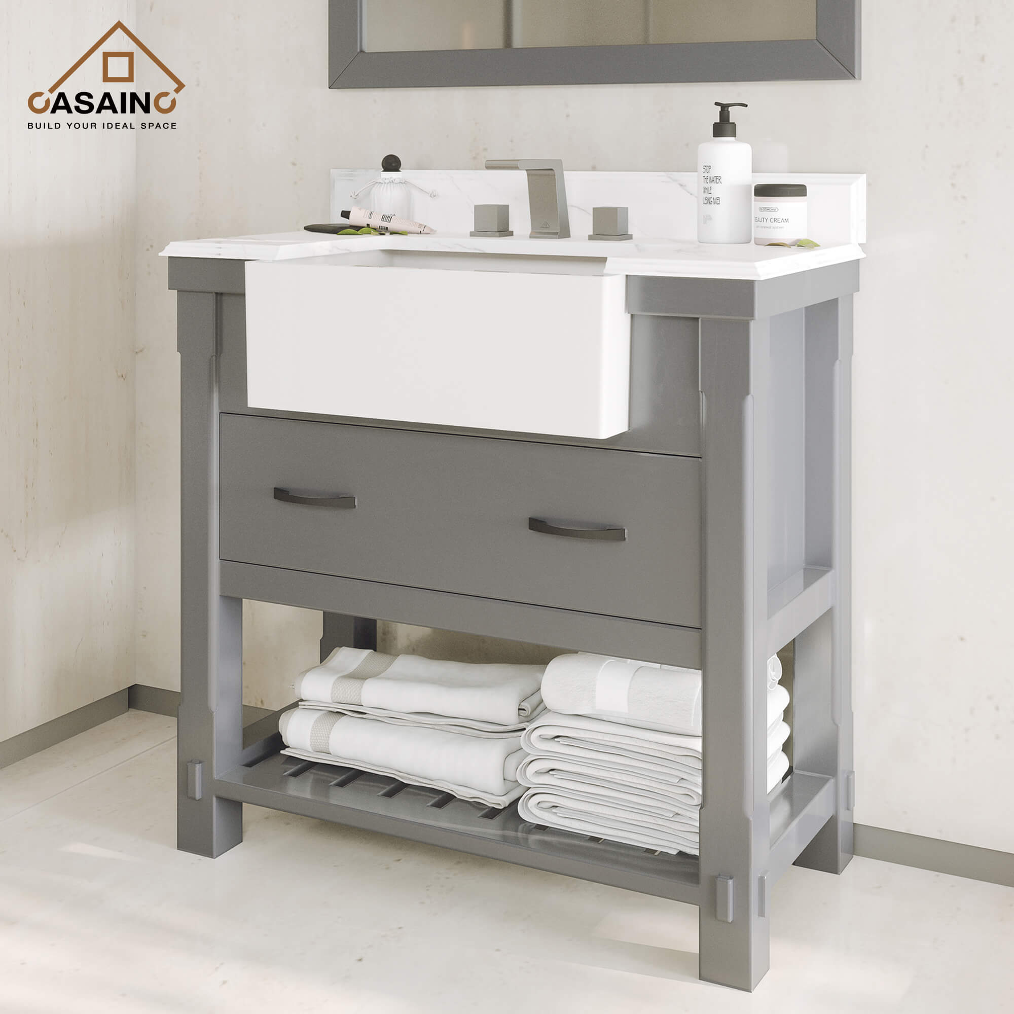 36" Farmhouse Sink Bathroom Vanity with Shelf in White/Grey